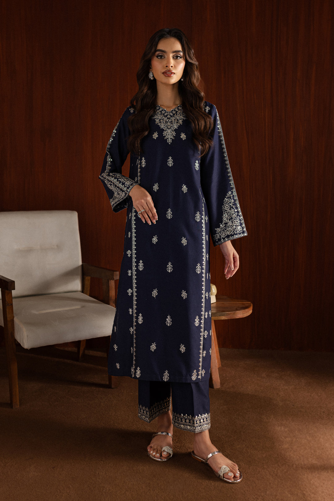 W-350 2PC Navy Blue Cotton Embroidered Dress SHAYNARI W-350 2PC Navy Blue Cotton Embroidered Dress SHAYNARI