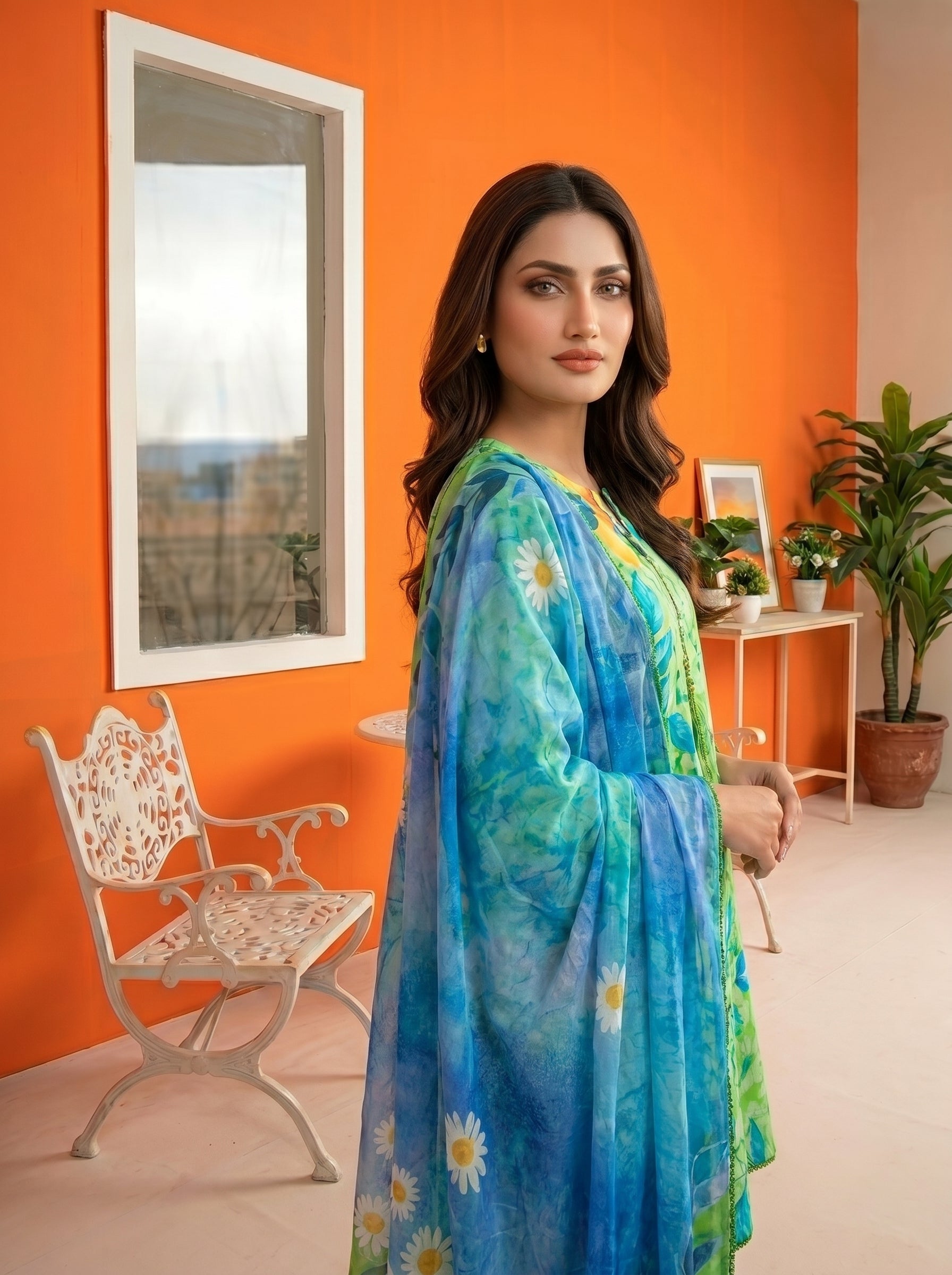 S-371 3PCS Lawn Printed Dress With Voile Chiffon Dupatta