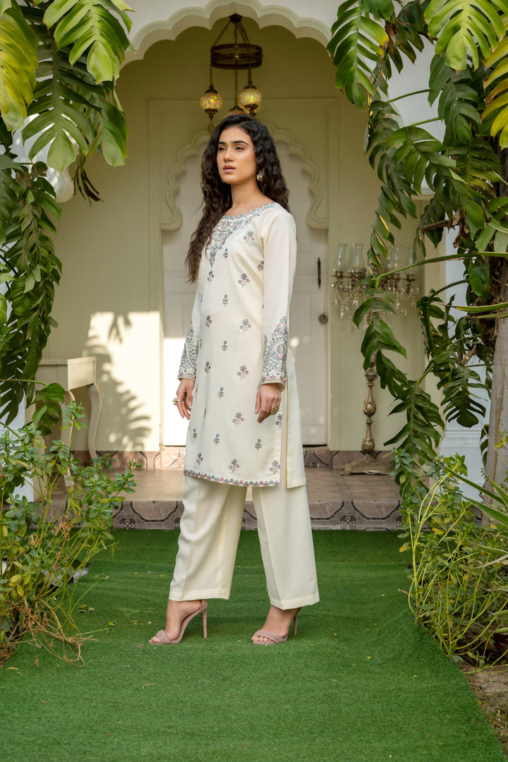 W25-122 2PC DHANAK EMBROIDERED WHITE SHIRT WITH TROUSER.