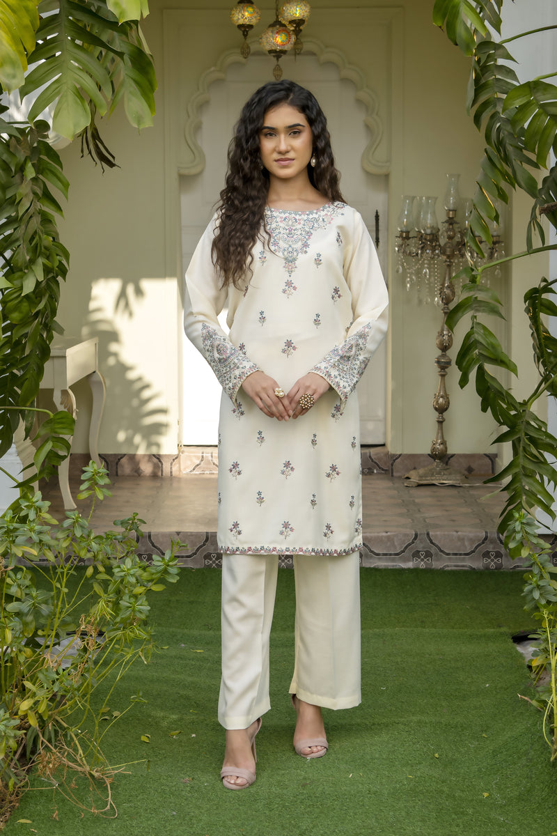 W25-122 2PC COTTON EMBROIDERED WHITE SHIRT WITH TROUSER.
