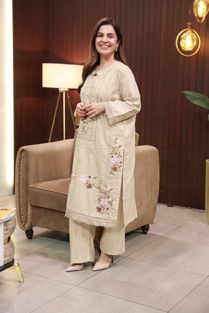 W25-120 2PC DHANAK EMBROIDERED SKIN SHIRT WITH TROUSER.