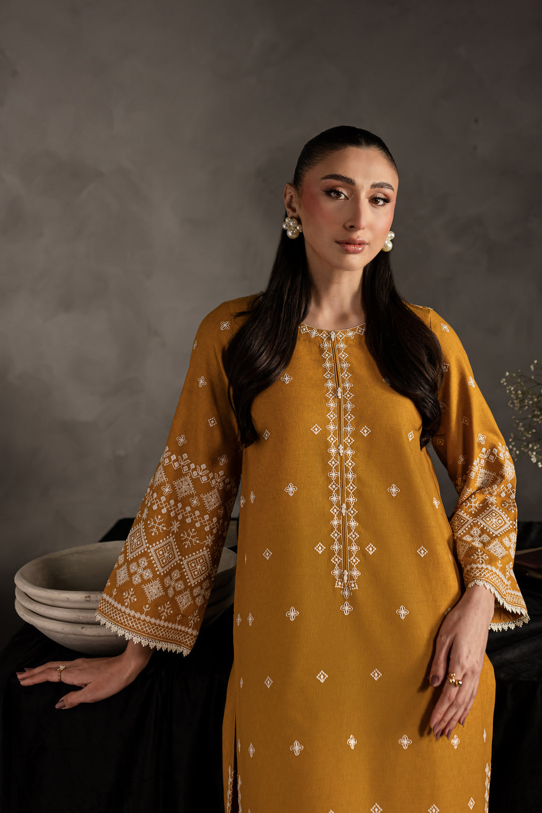 2PC Mustard Embroidered Lawn Dress