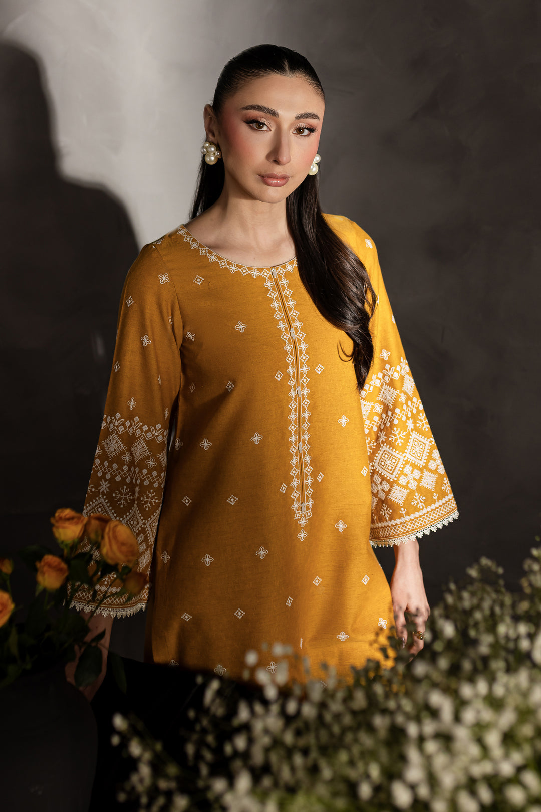 W-351 2PC Mustard Embroidered Lawn Dress