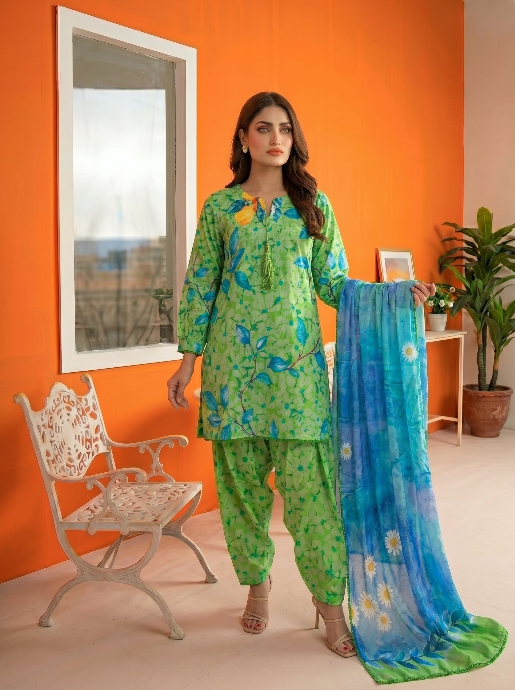 S-371 3PCS Lawn Printed Dress With Voile Chiffon Dupatta