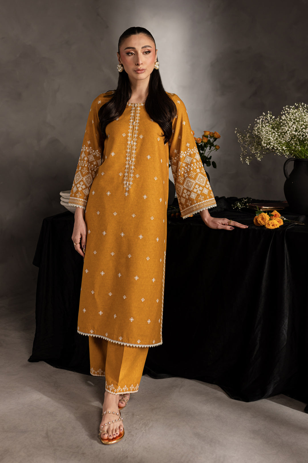 2PC Mustard Embroidered Lawn Dress