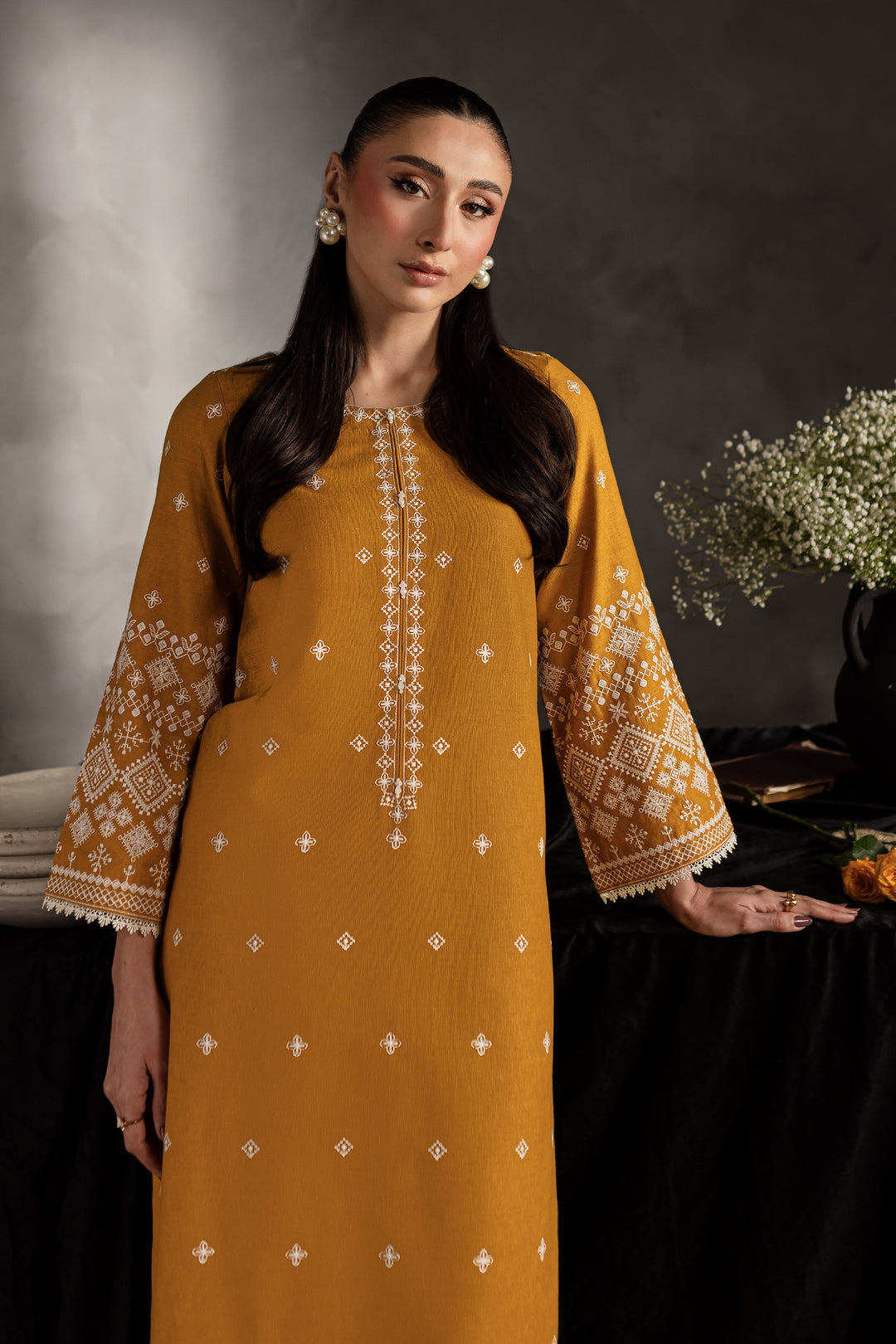 2PC Mustard Embroidered Lawn Dress