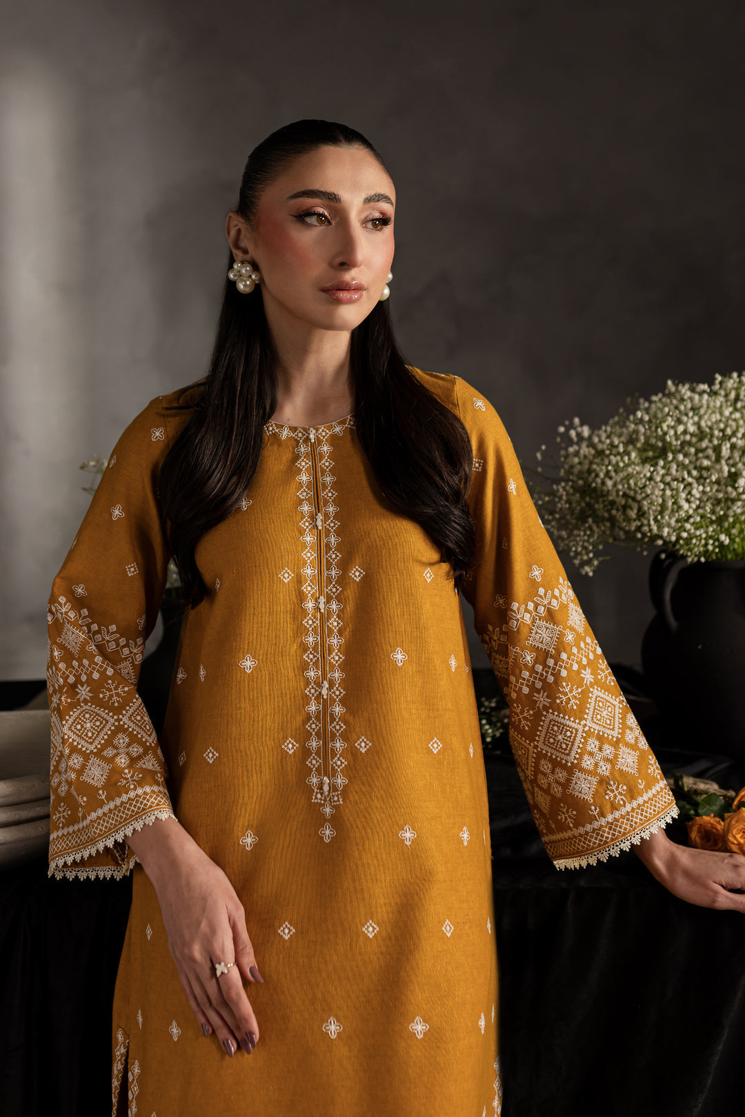 2PC Mustard Embroidered Lawn Dress