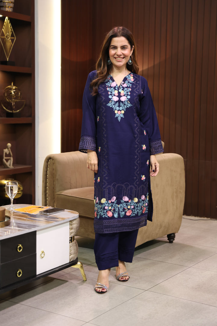 W25-121 2PC DHANAK EMBROIDERED NAVY BLUE SHIRT WITH TROUSER.