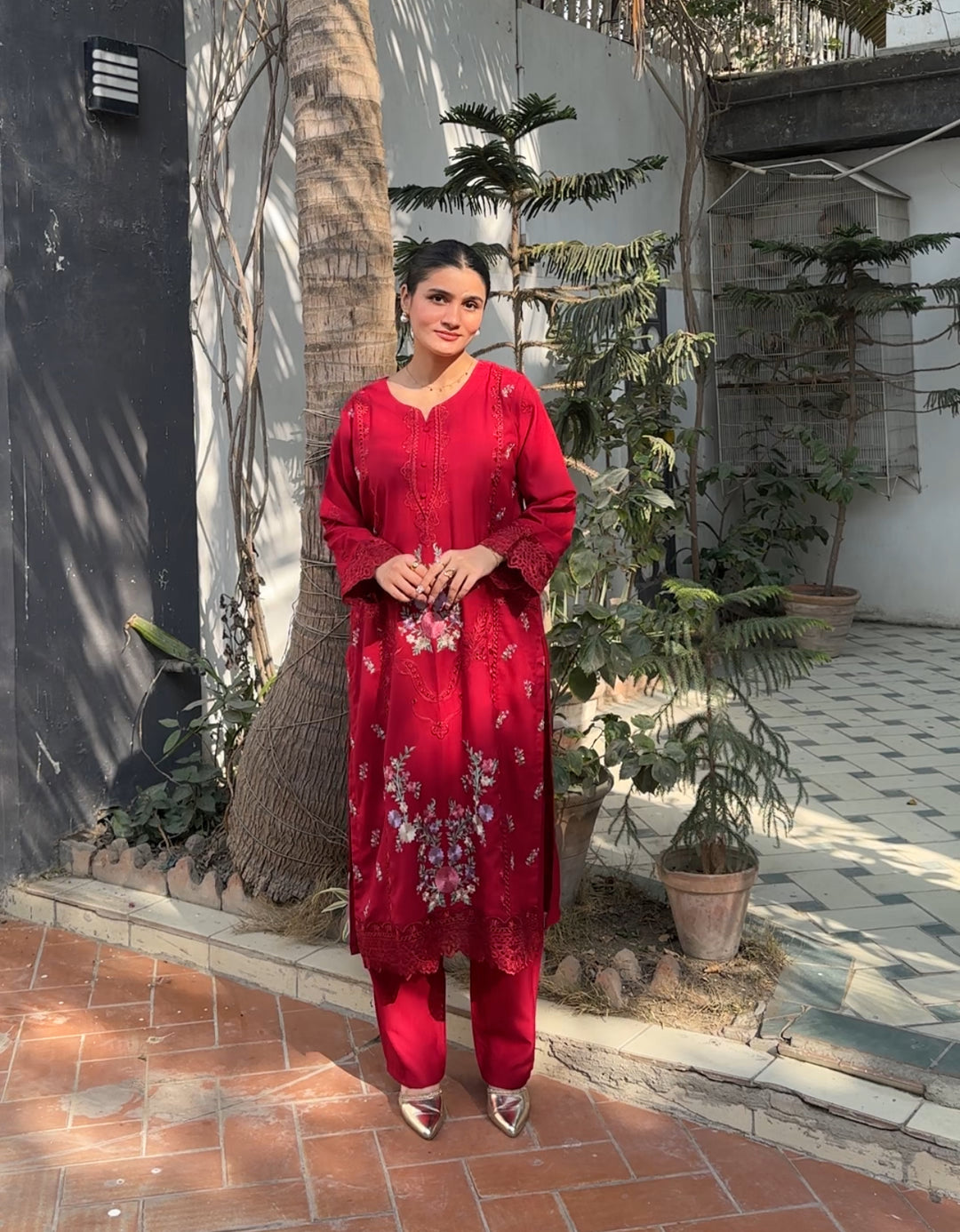 W25-119 2PC COTTON EMBROIDERED RED SHIRT WITH TROUSER.