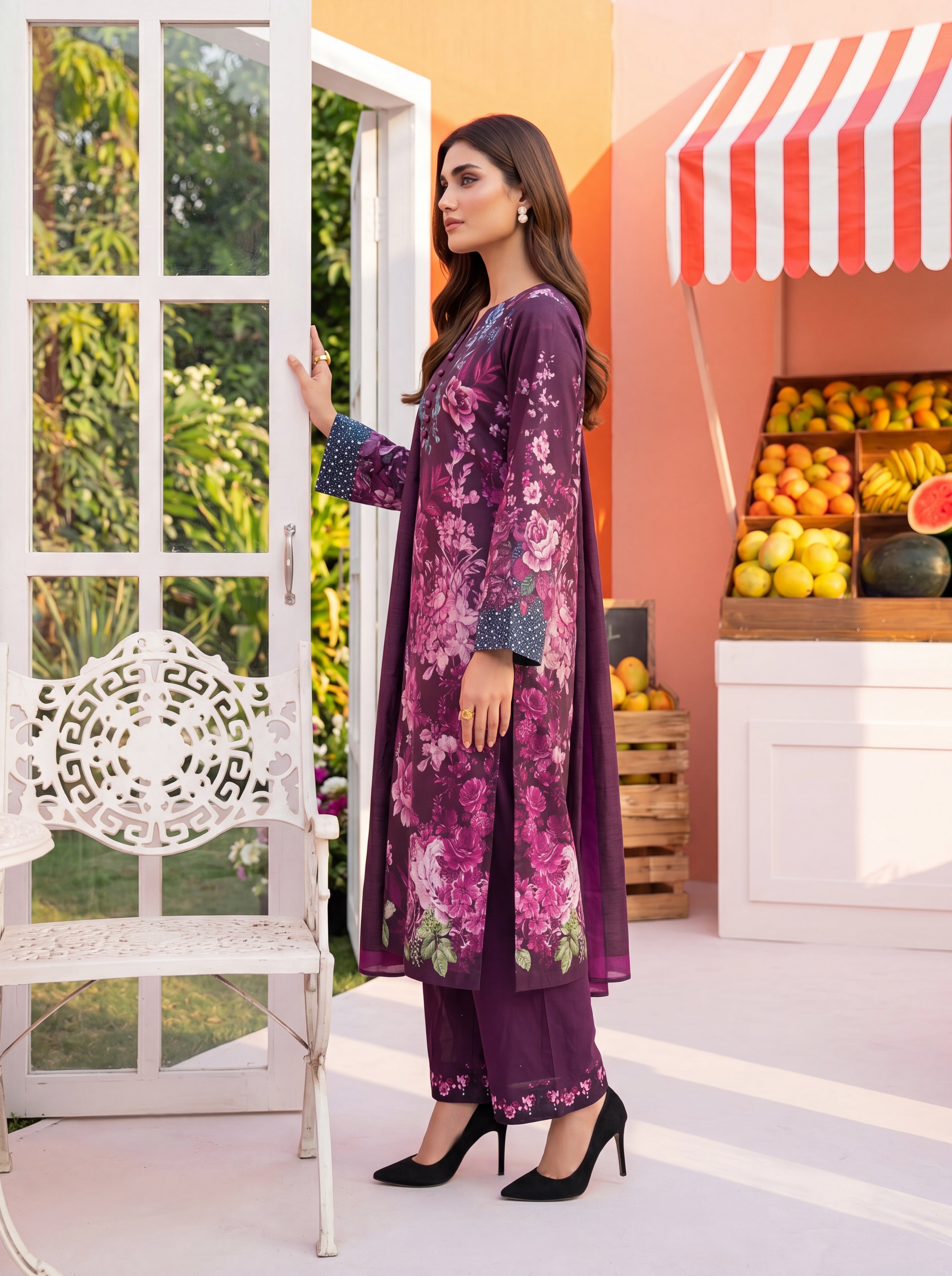 S-370 3PCS Lawn Printed Dress With Voile Chiffon Dupatta