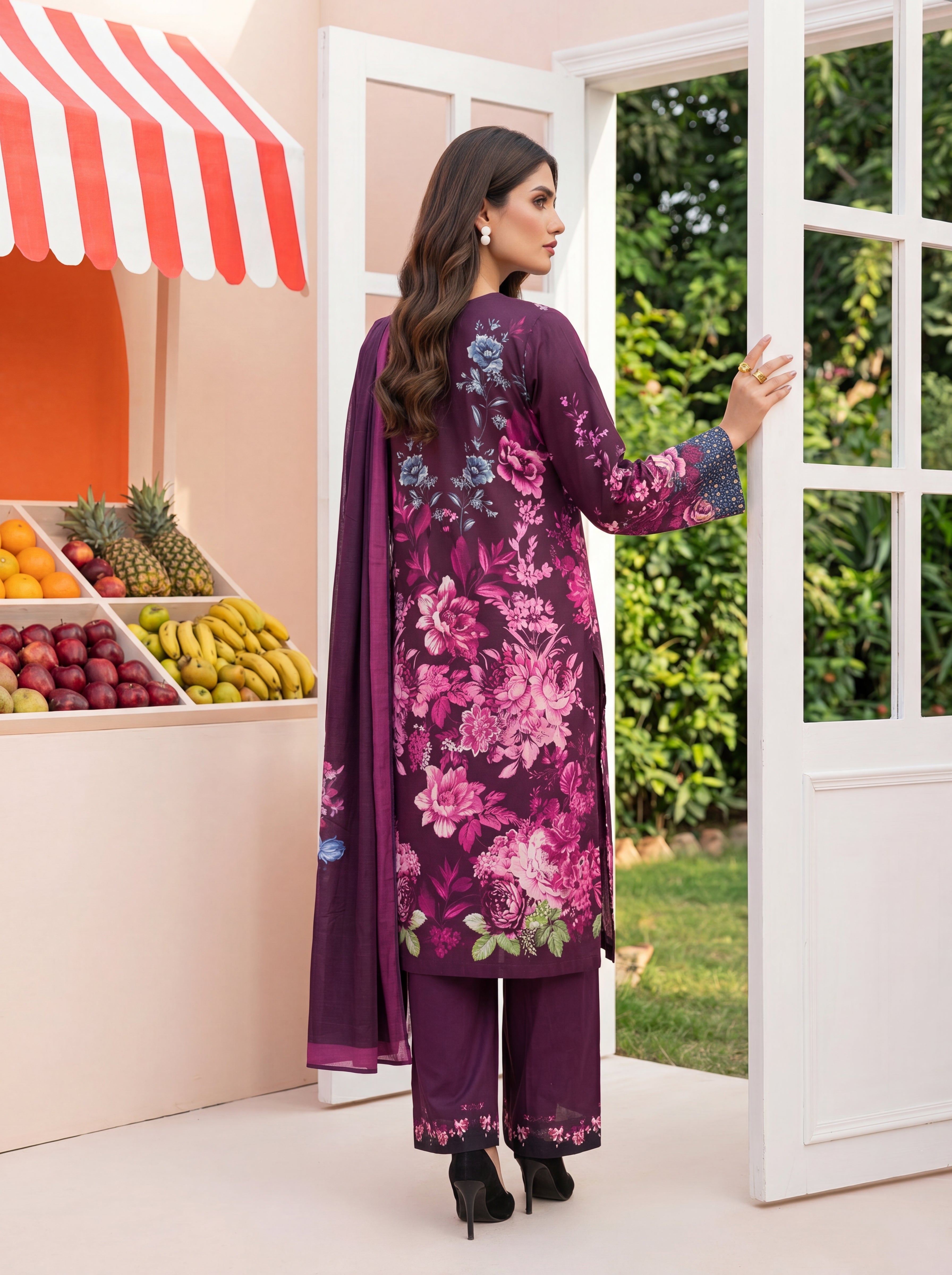 S-370 3PCS Lawn Printed Dress With Voile Chiffon Dupatta