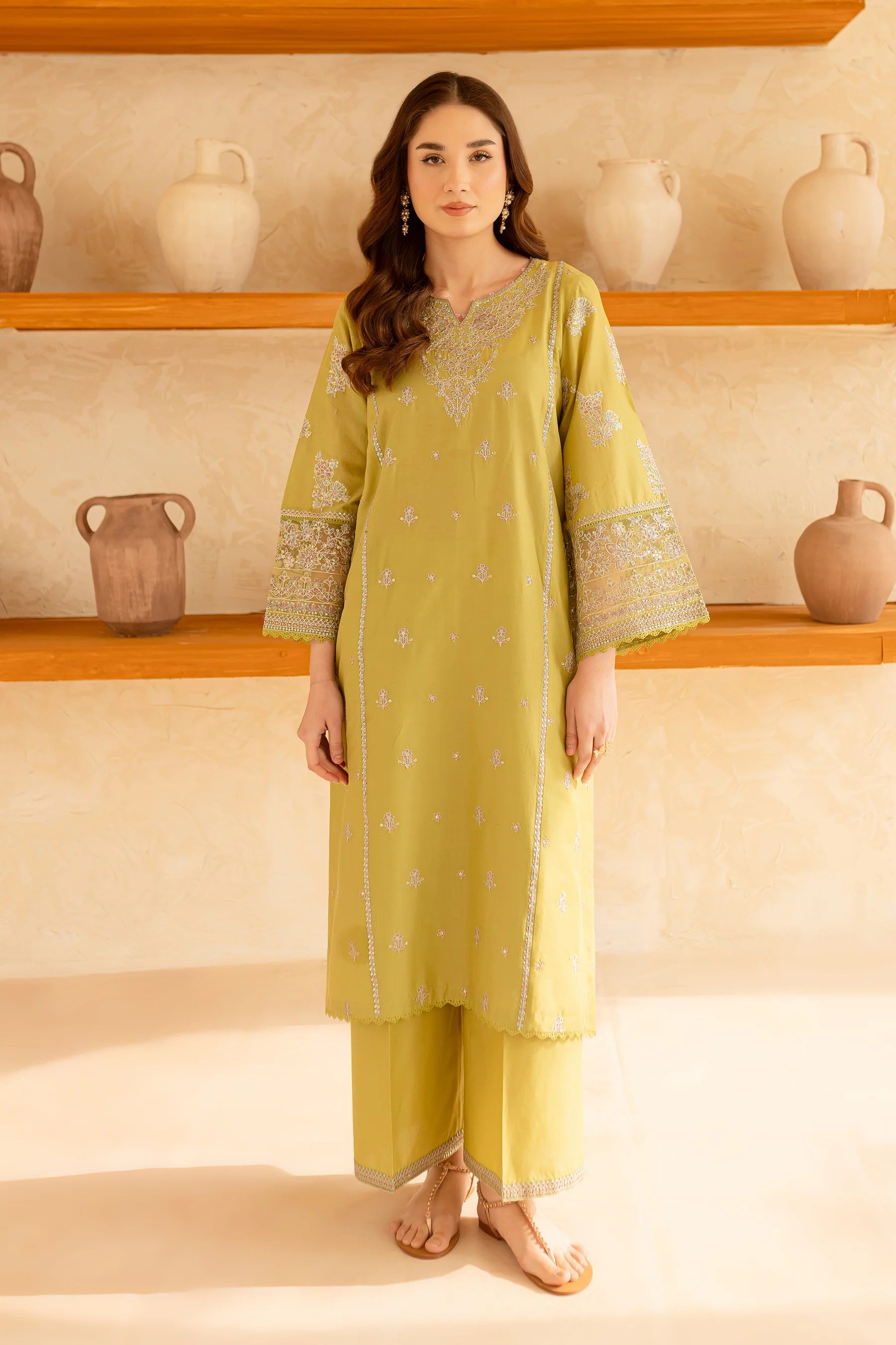 W-355 2Pc Apple Green Embroidered Lawn Dress