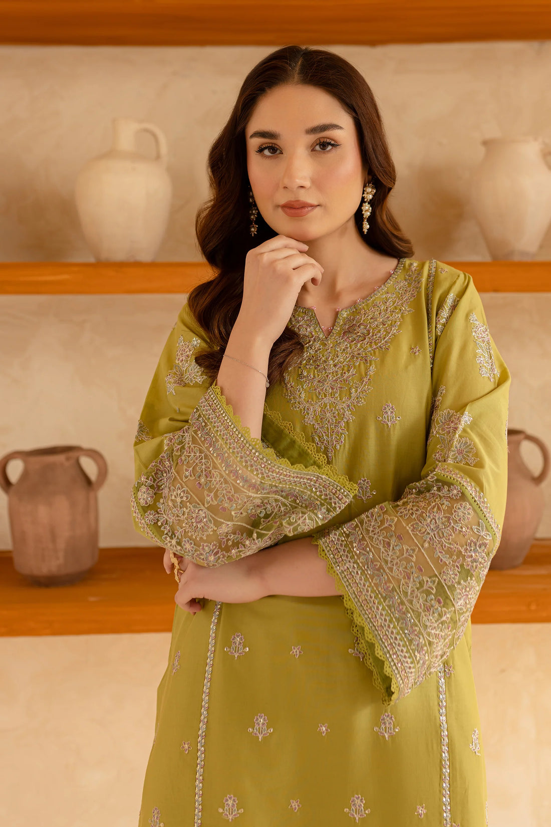 W-355 2Pc Apple Green Embroidered Lawn Dress