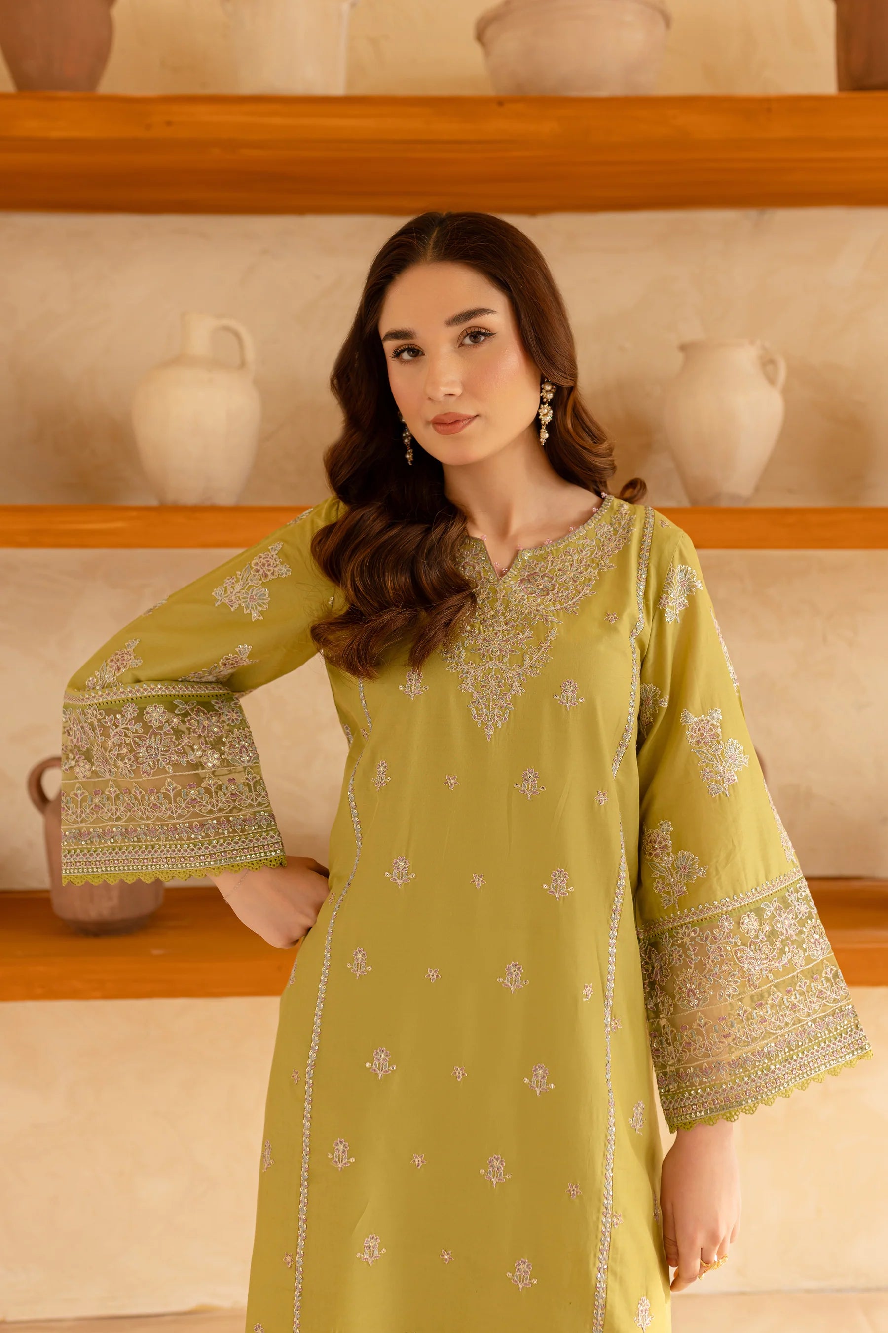 W-355 2Pc Apple Green Embroidered Lawn Dress
