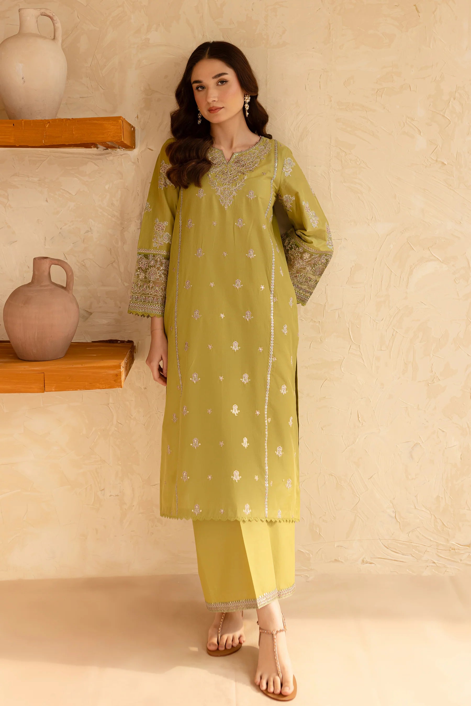 W-355 2Pc Apple Green Embroidered Lawn Dress