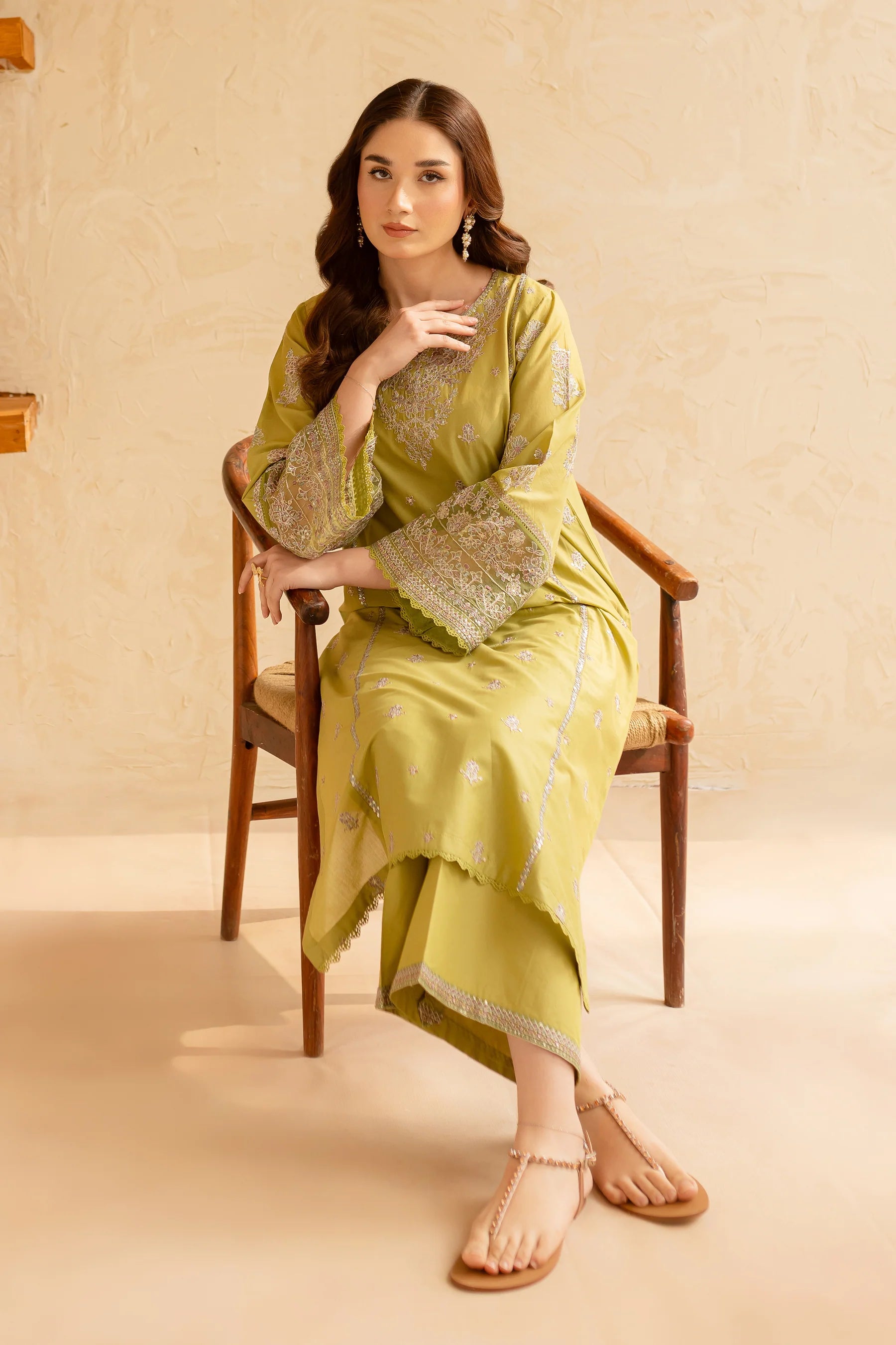 W-355 2Pc Apple Green Embroidered Lawn Dress