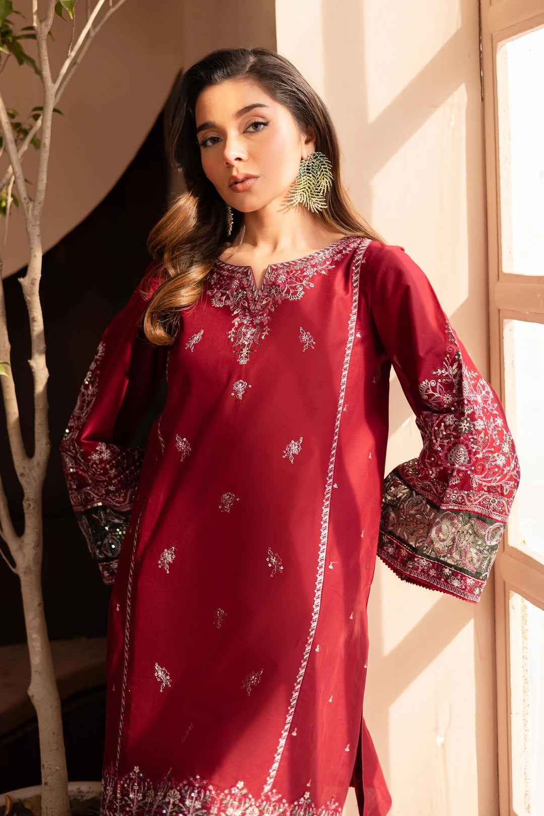 2Pc Maroon Embroidered Dress