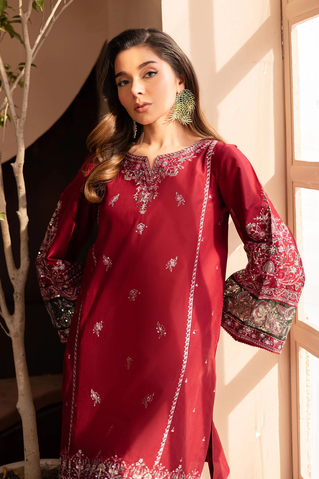 W-356 2Pc Maroon Cotton Embroidered Dress