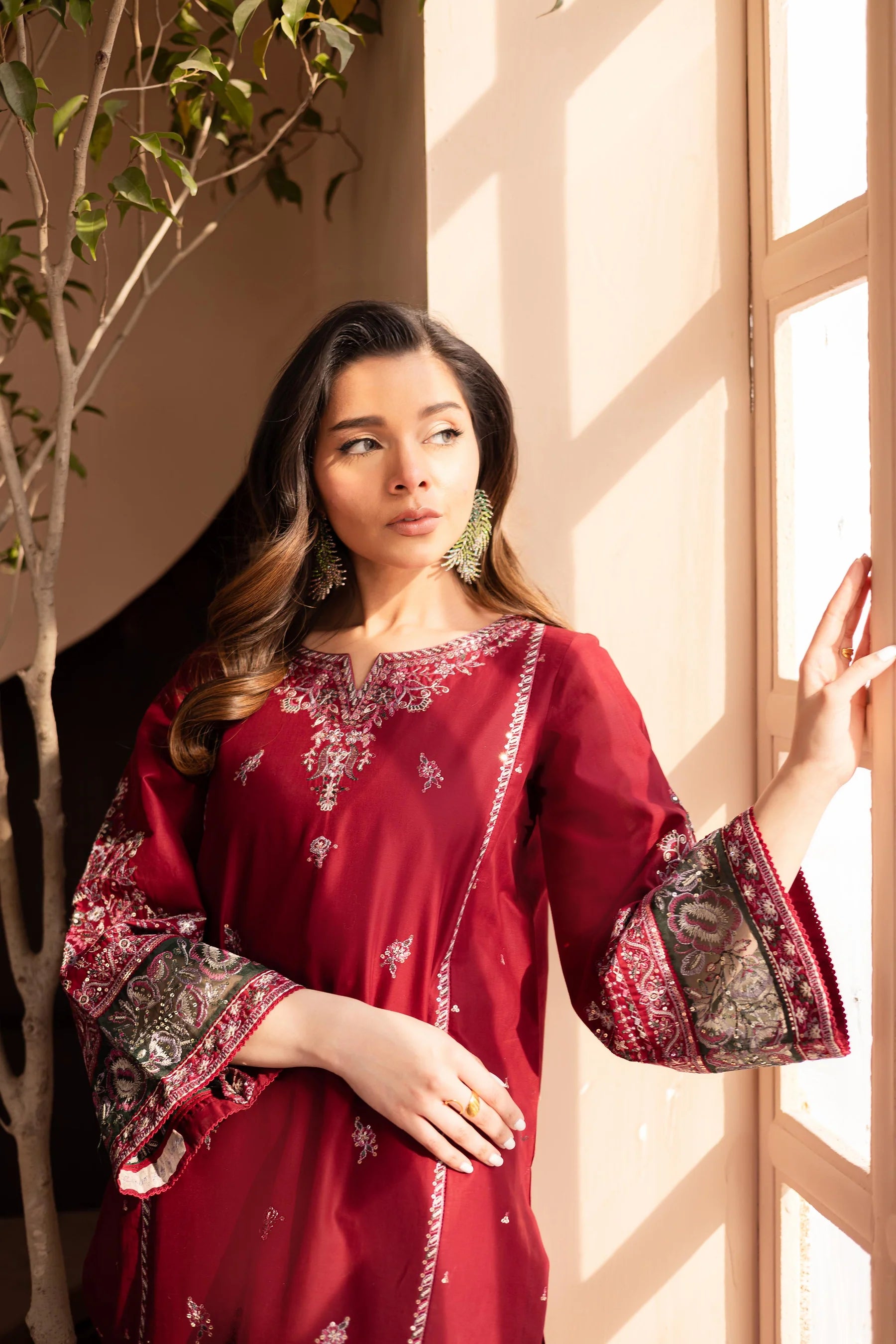 W-356 2Pc Maroon Cotton Embroidered Dress