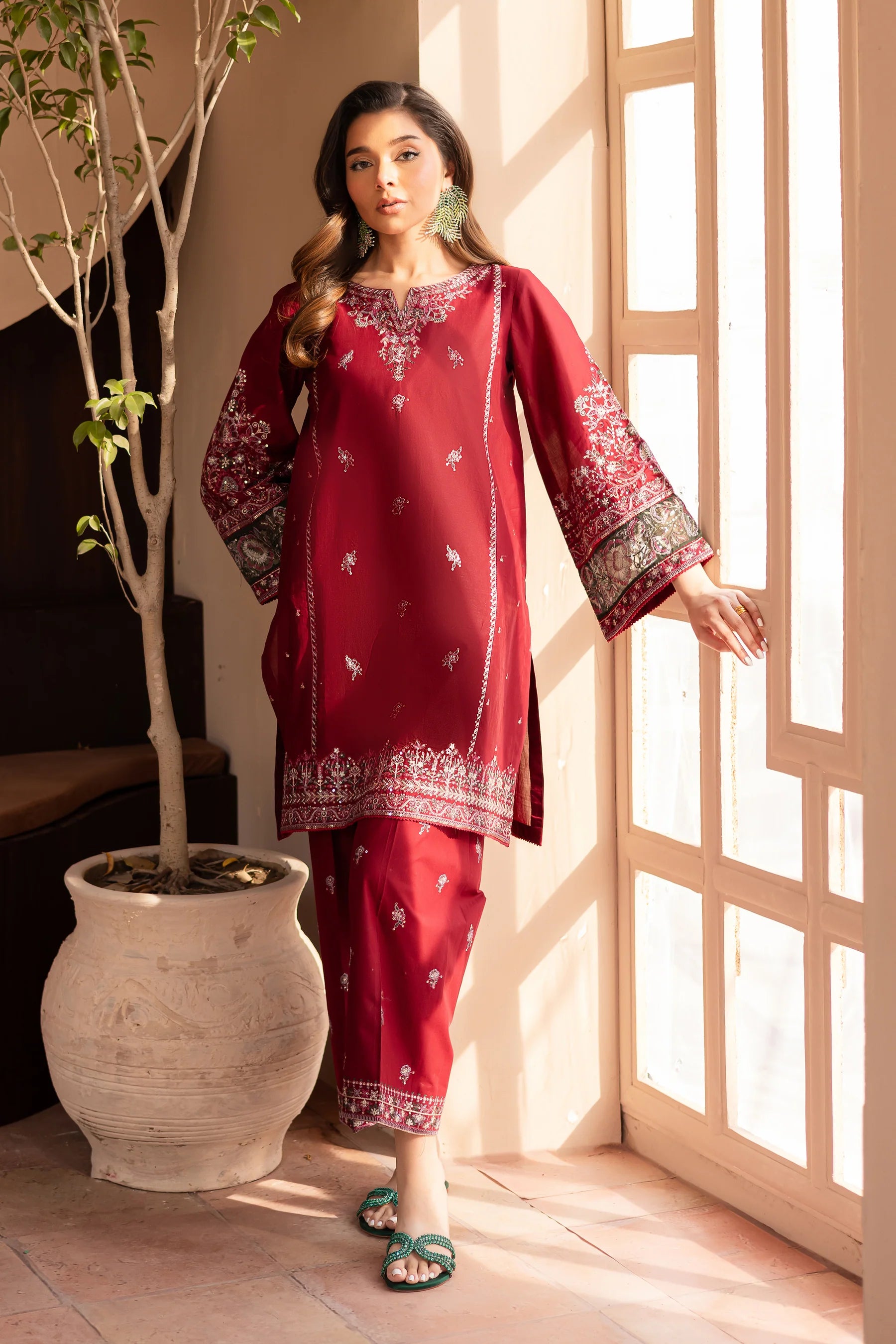 W-356 2Pc Maroon Cotton Embroidered Dress