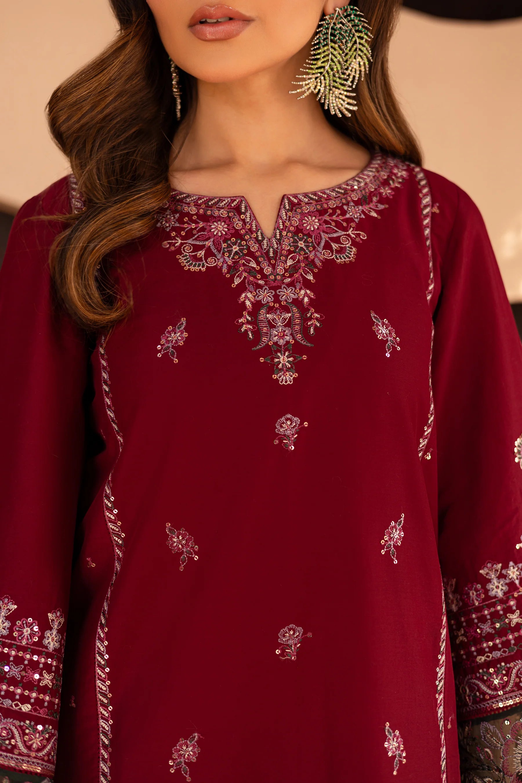 W-356 2Pc Maroon Cotton Embroidered Dress