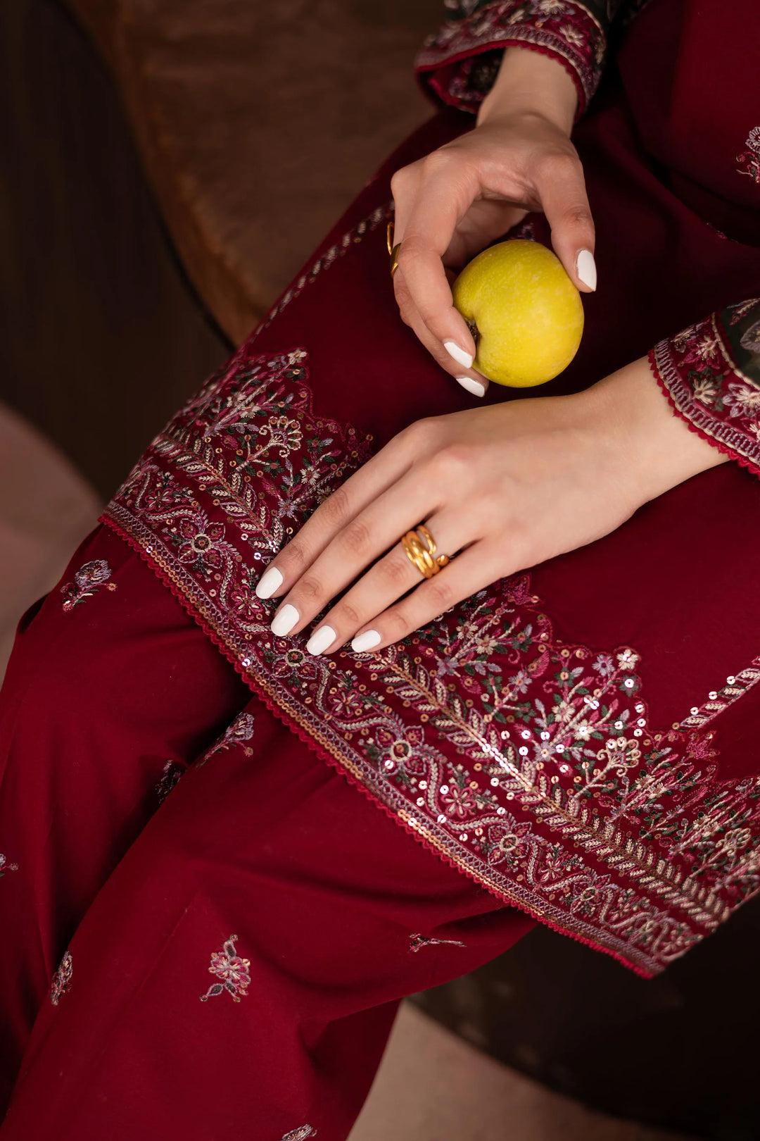 2Pc Maroon Embroidered Dress