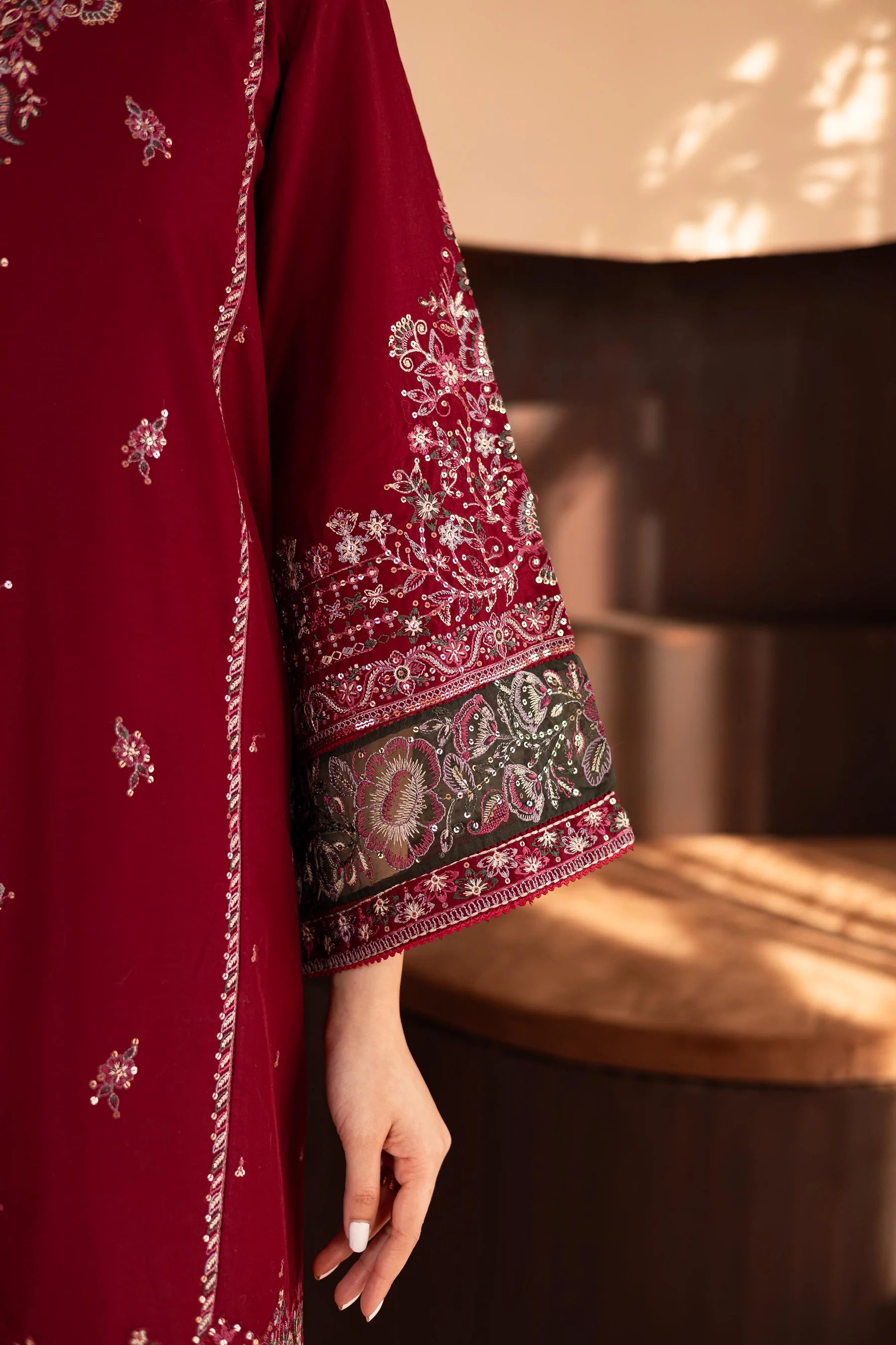 W-356 2Pc Maroon Cotton Embroidered Dress