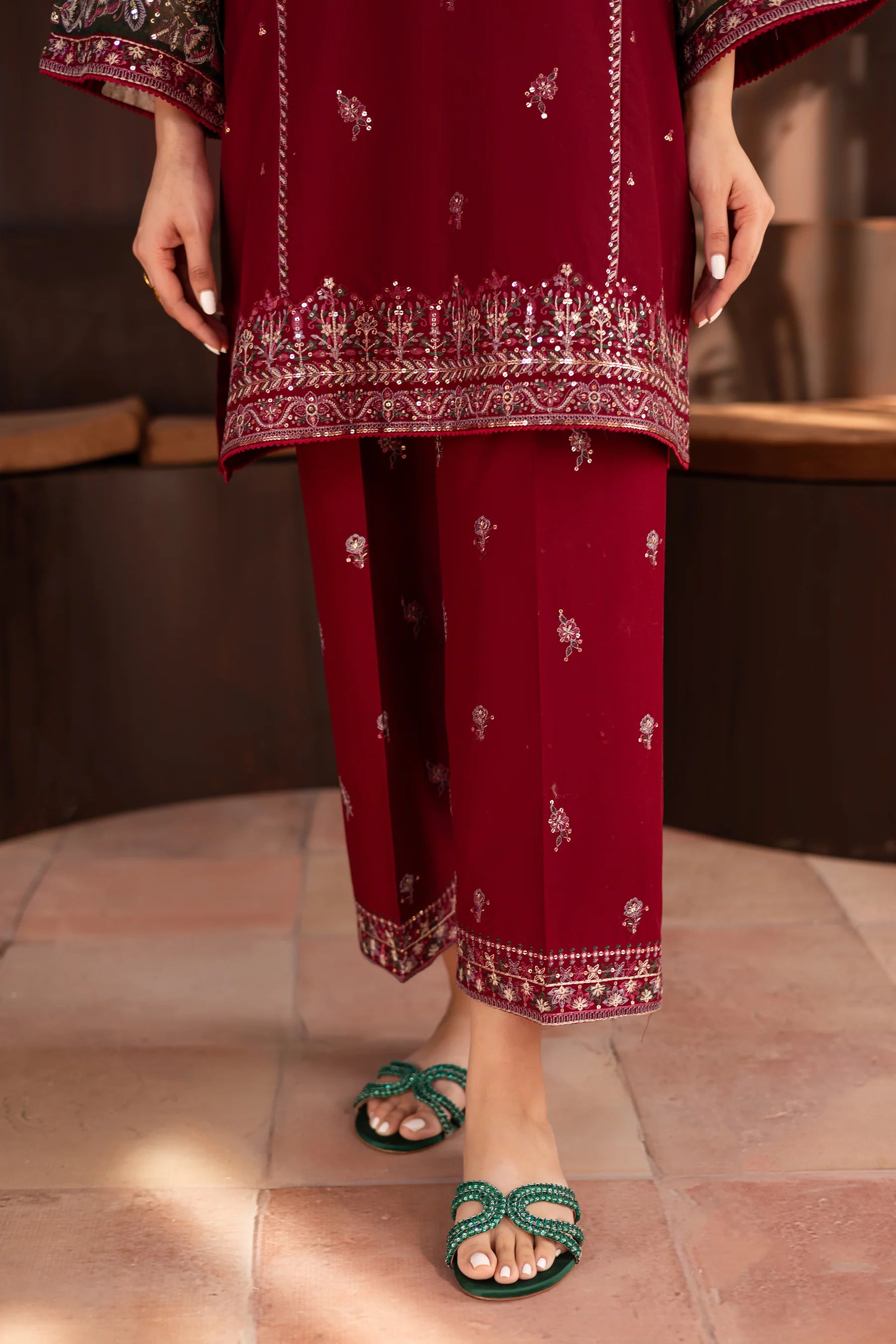 W-356 2Pc Maroon Cotton Embroidered Dress
