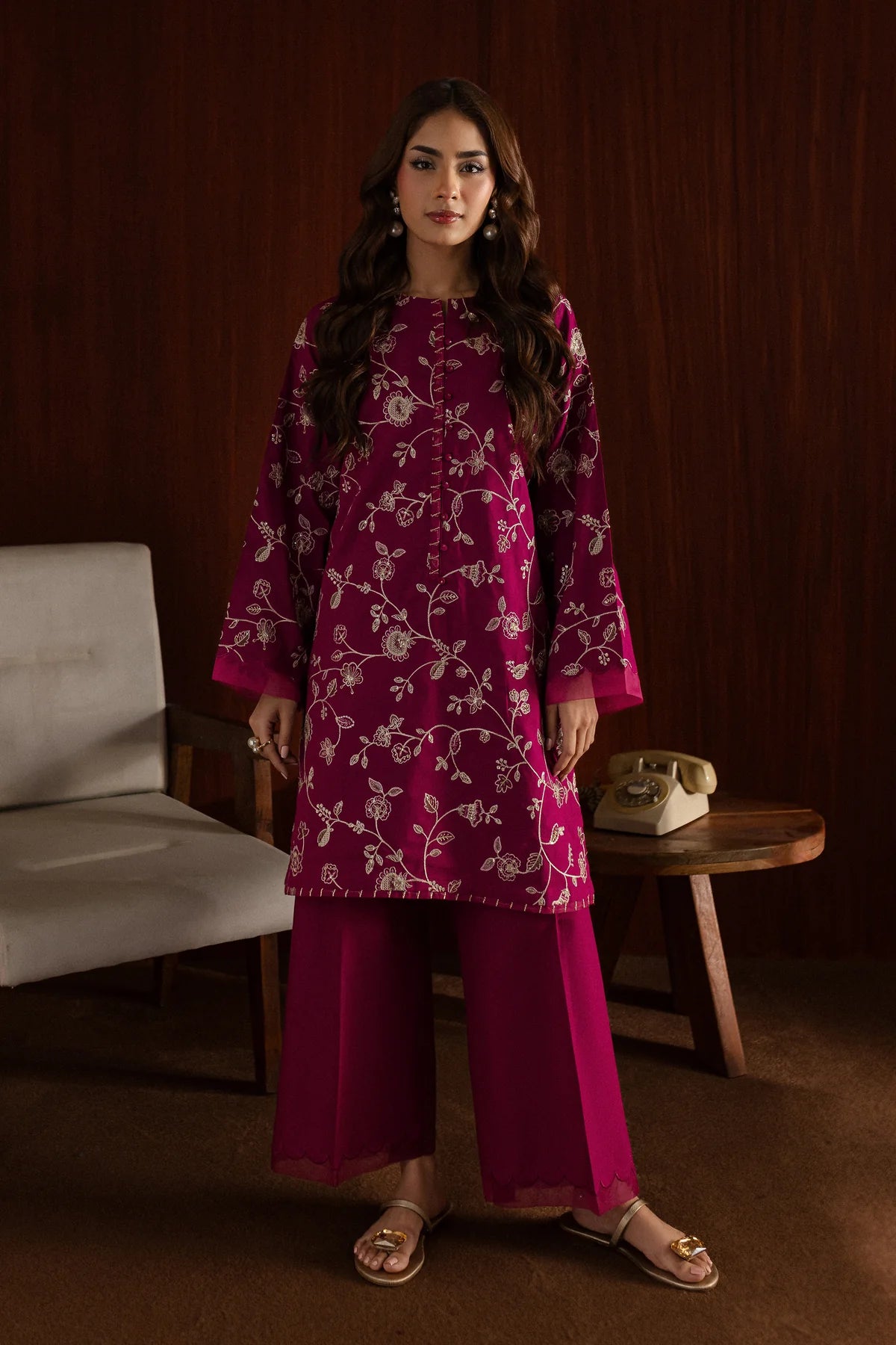 W-348 2PC Pink  Embroidered Cotton Dress