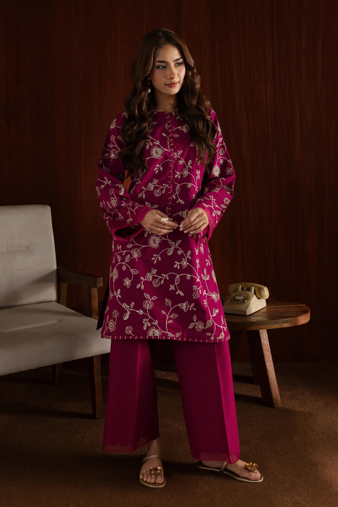 W-348 2PC Pink  Embroidered Cotton Dress