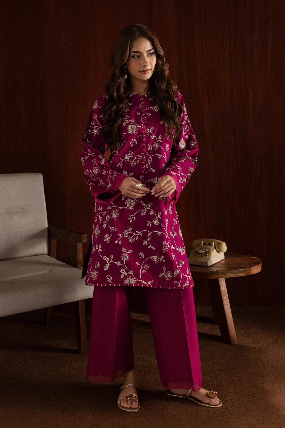 W-348 2PC Pink  Embroidered Cotton Dress