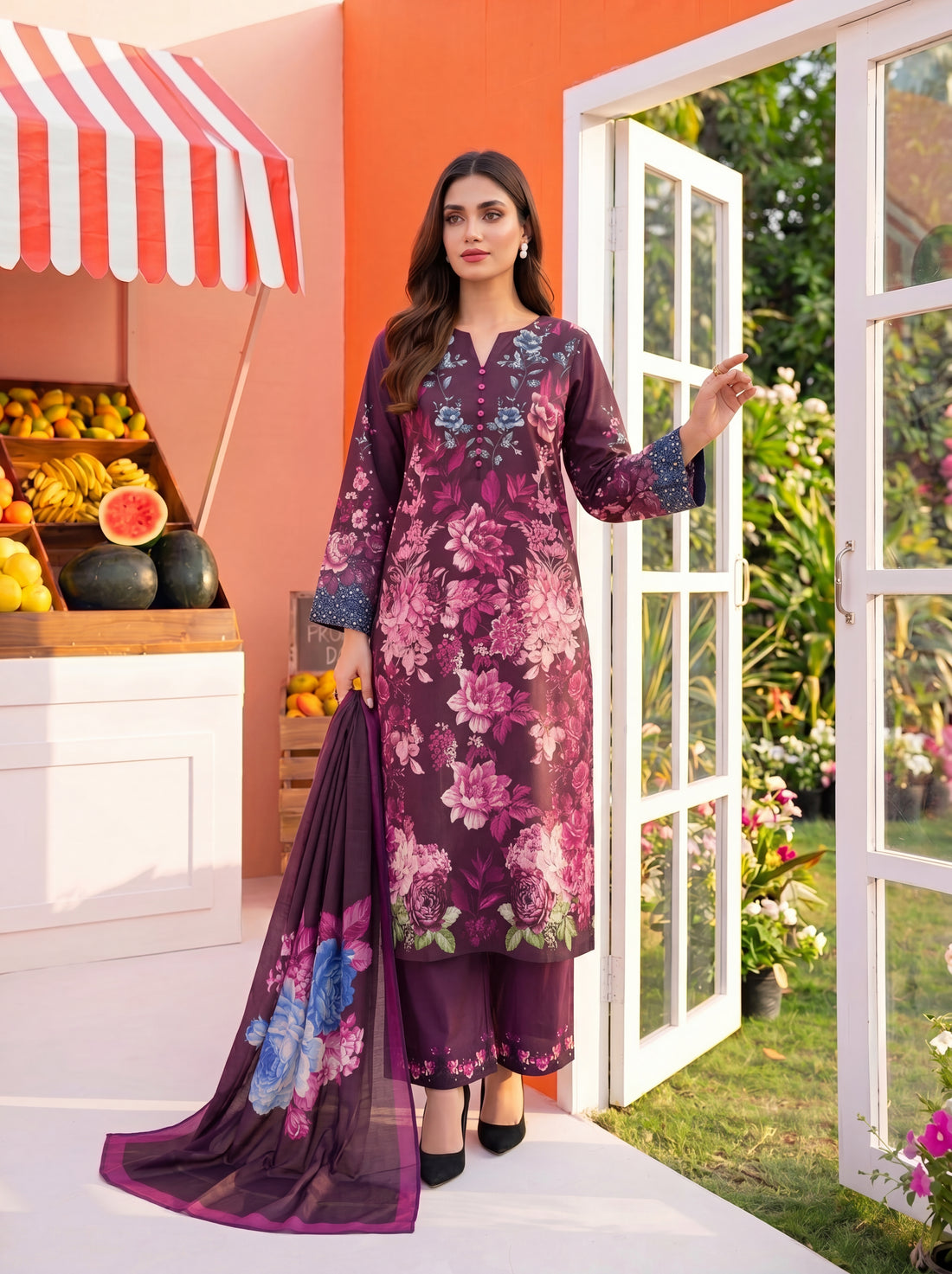 S-370 3PCS Lawn Printed Dress With Voile Chiffon Dupatta