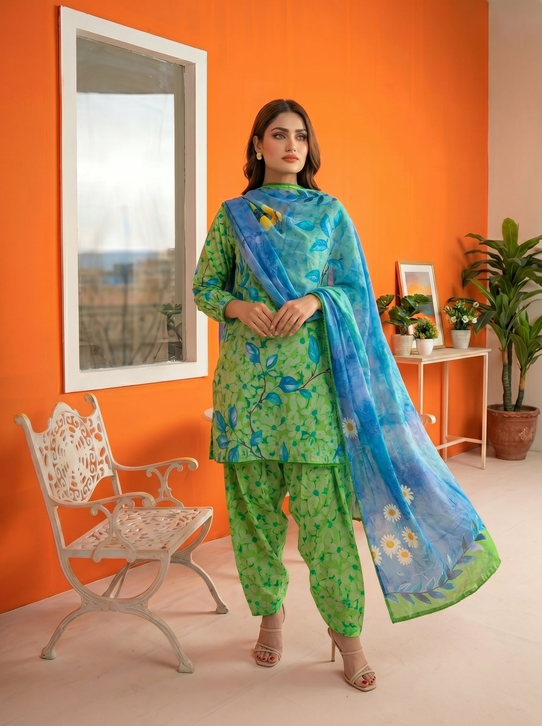 S-371 3PCS Lawn Printed Dress With Voile Chiffon Dupatta