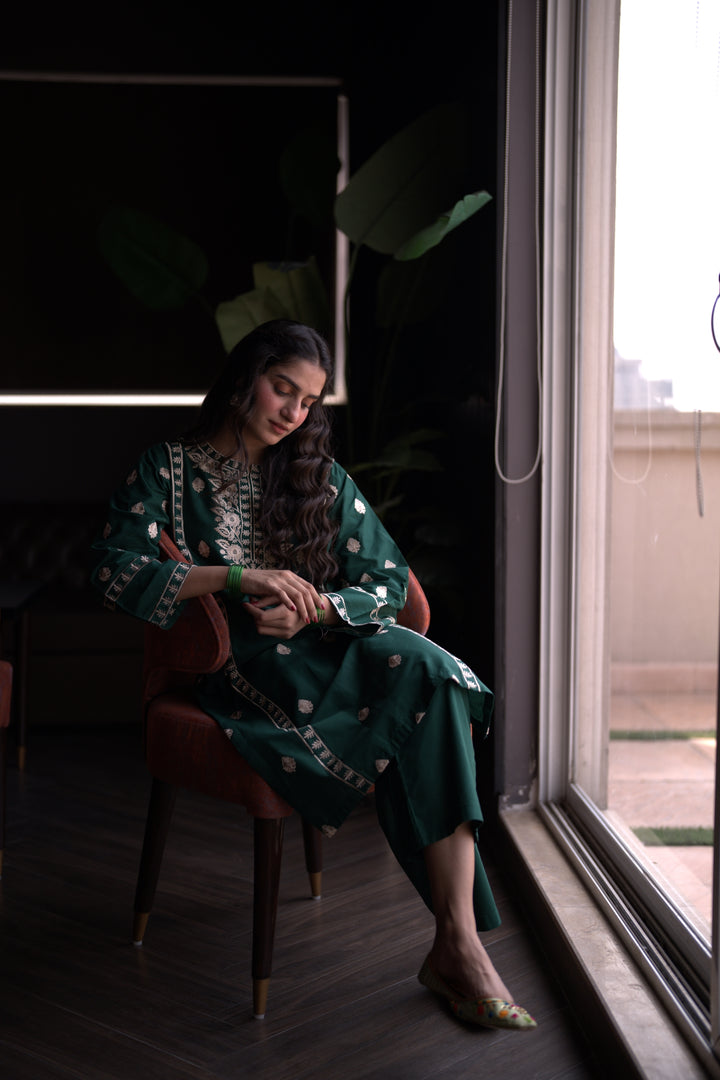 2Pc Green Embroidered Dress