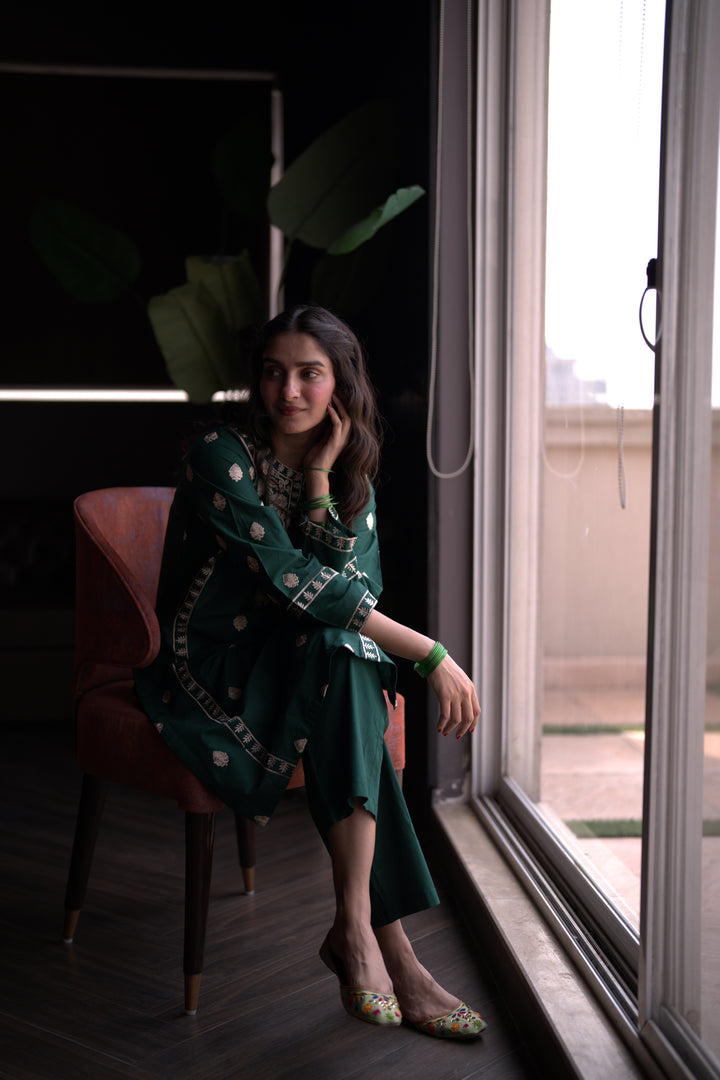 2Pc Green Embroidered Dress