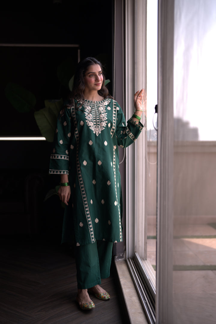 2Pc Green Embroidered Dress