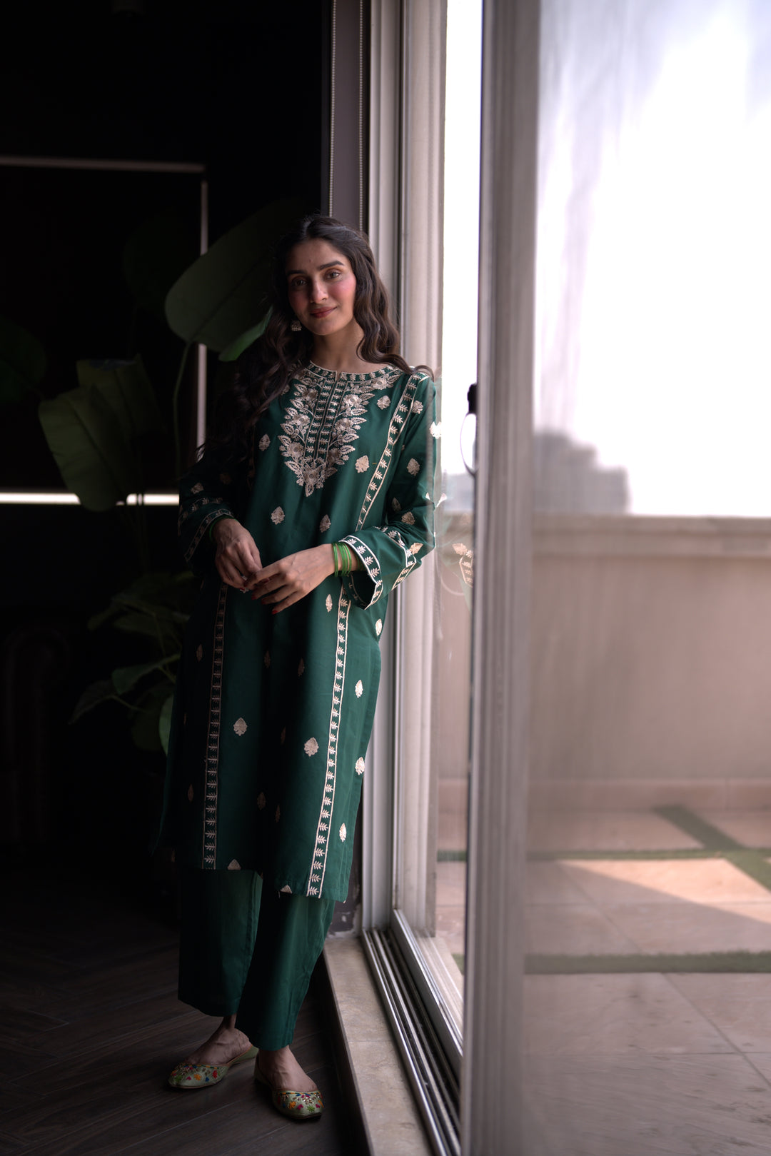 2Pc Green Embroidered Dress