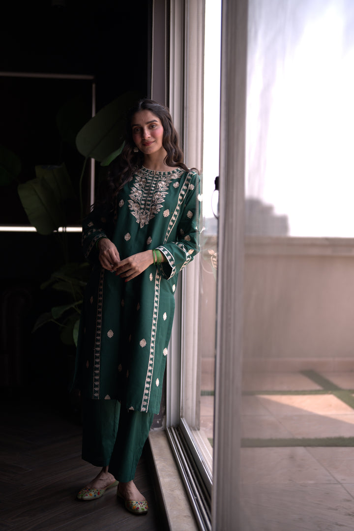 2Pc Green Embroidered Dress