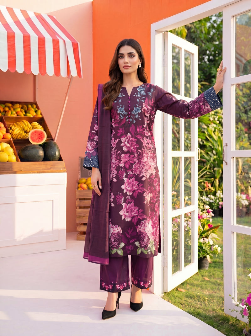 S-370 3PCS Lawn Printed Dress With Voile Chiffon Dupatta