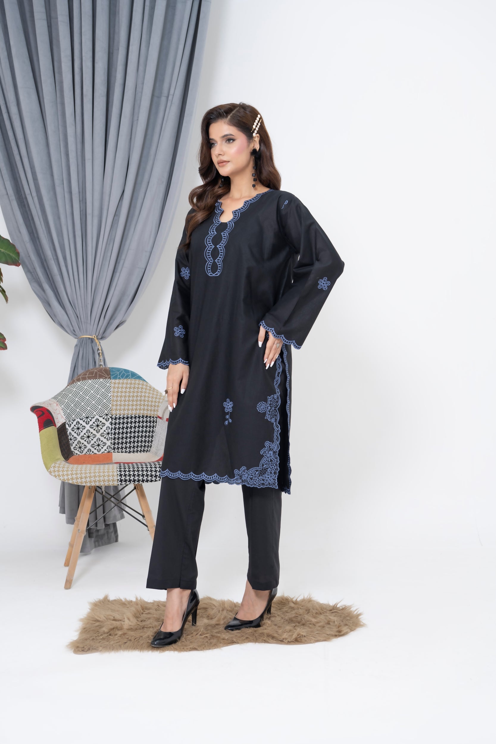 S-602 2PC Cotton Stitched Back Embroidered Shirt with trouser