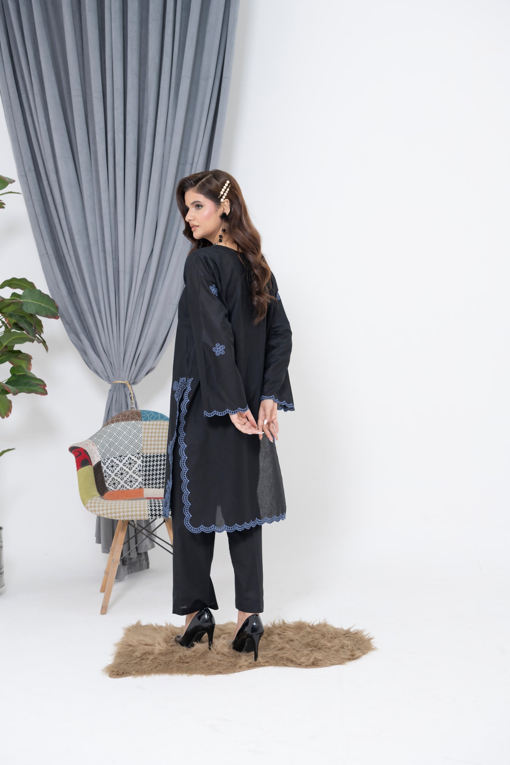 S-602 2PC Cotton Stitched Back Embroidered Shirt with trouser