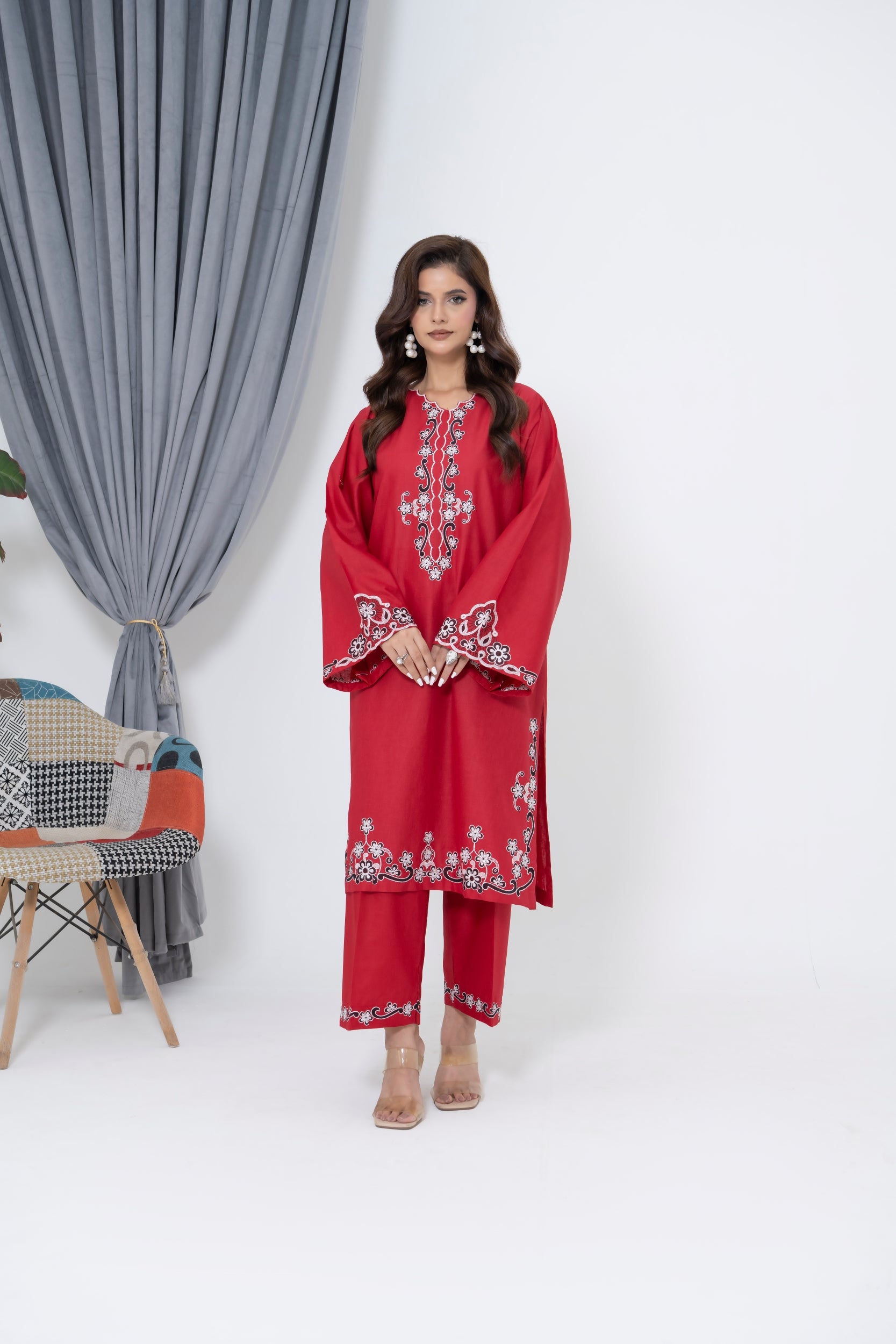 S-604 2PC Cotton Stitched Red Embroidered Shirt with Trouser
