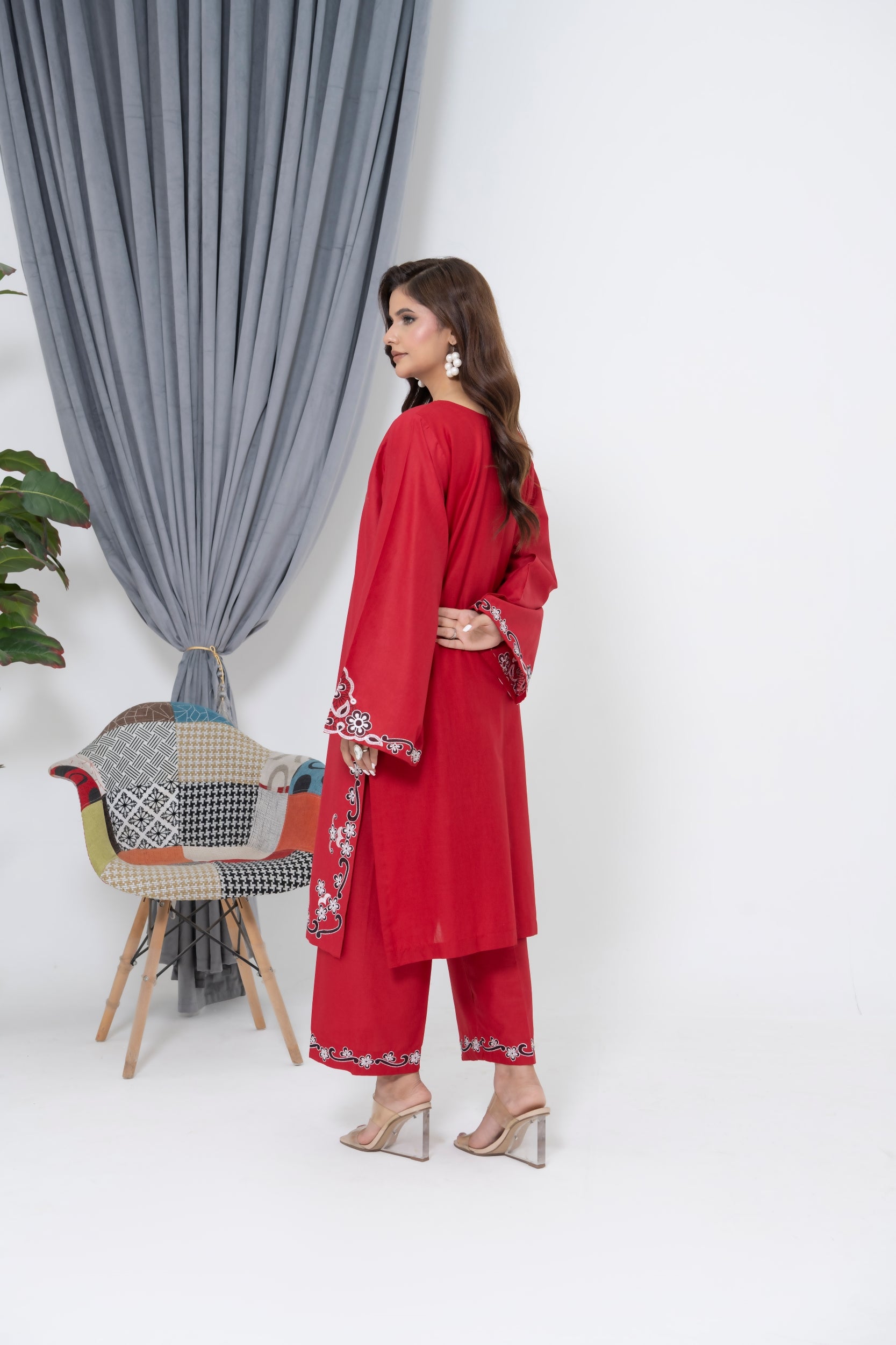 S-604 2PC Cotton Stitched Red Embroidered Shirt with Trouser