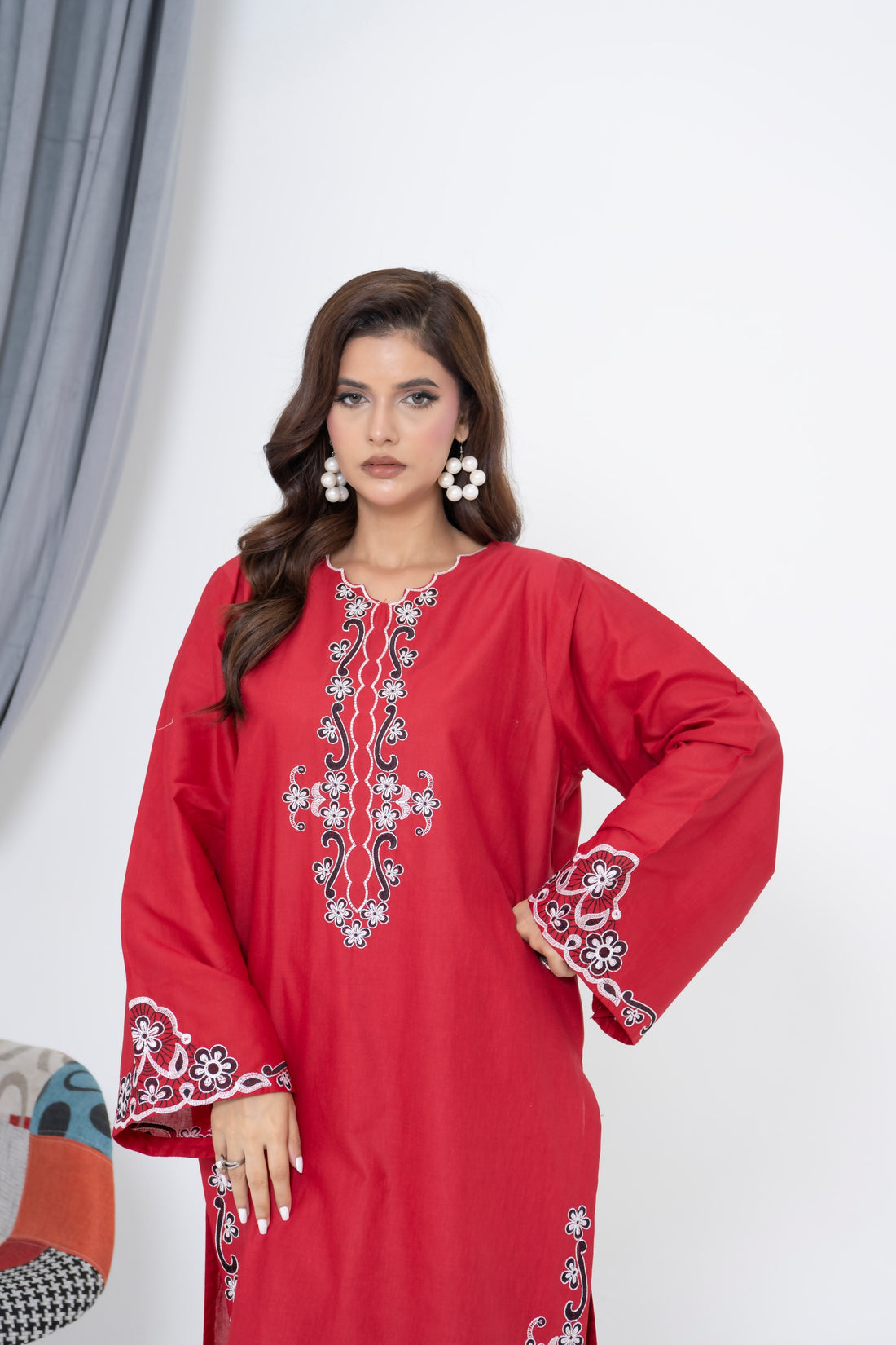 S-604 2PC Cotton Stitched Red Embroidered Shirt with Trouser