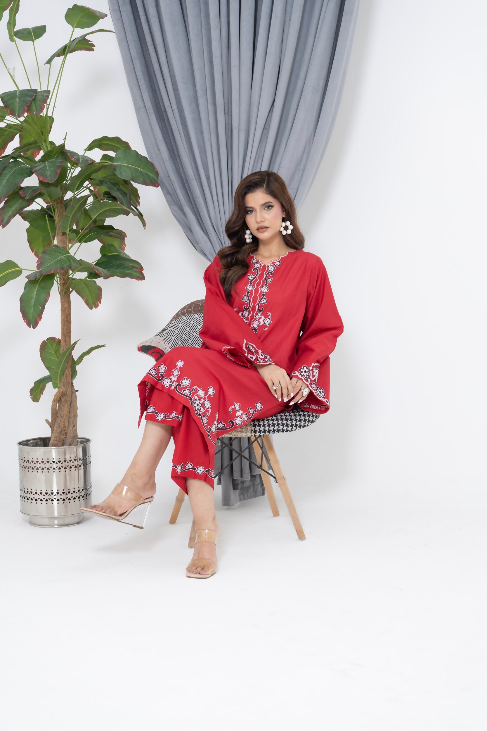 S-604 2PC Cotton Stitched Red Embroidered Shirt with Trouser