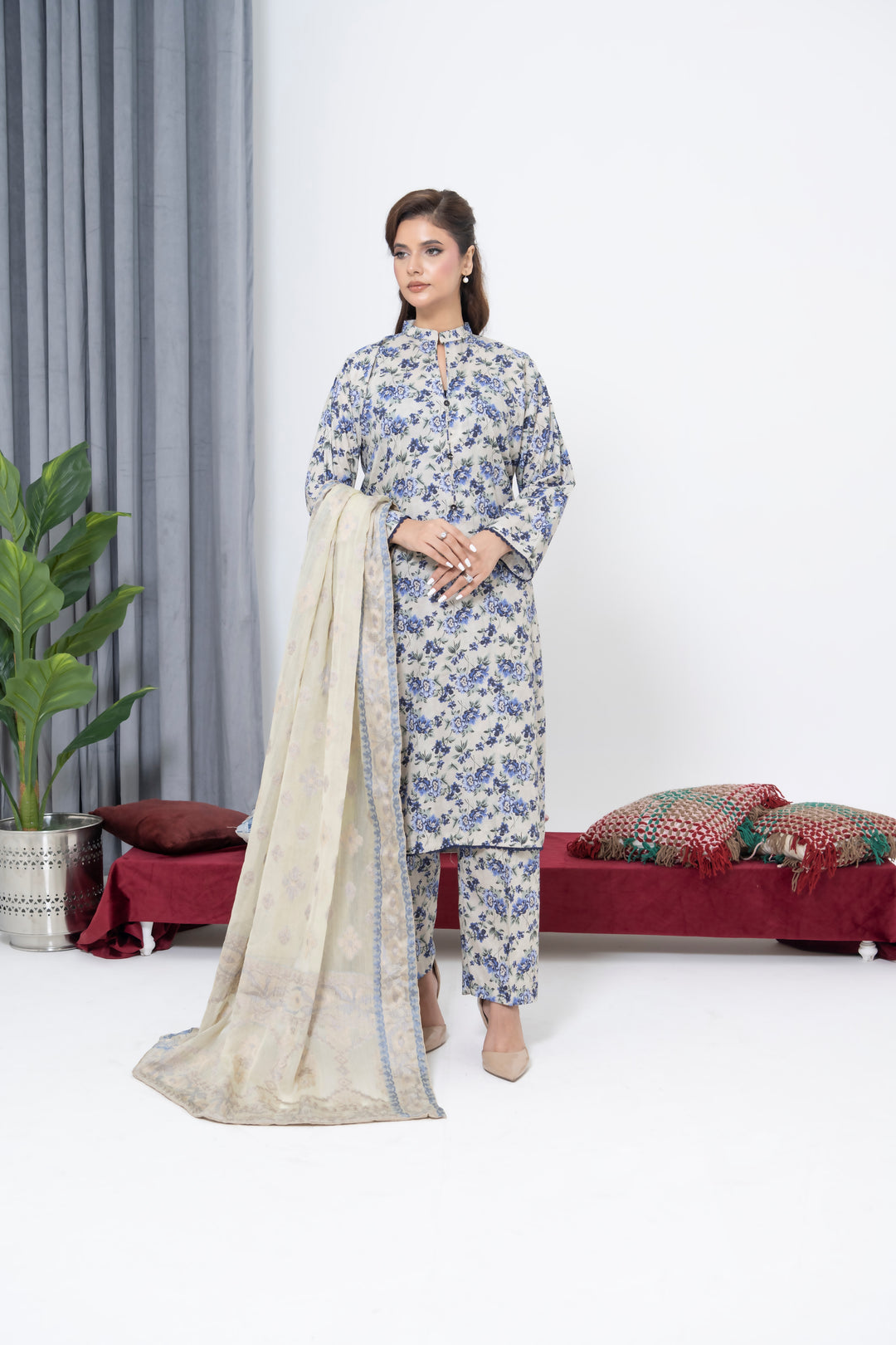 S-506 3PCS Lawn Printed Dress With Jacquard Dupatta