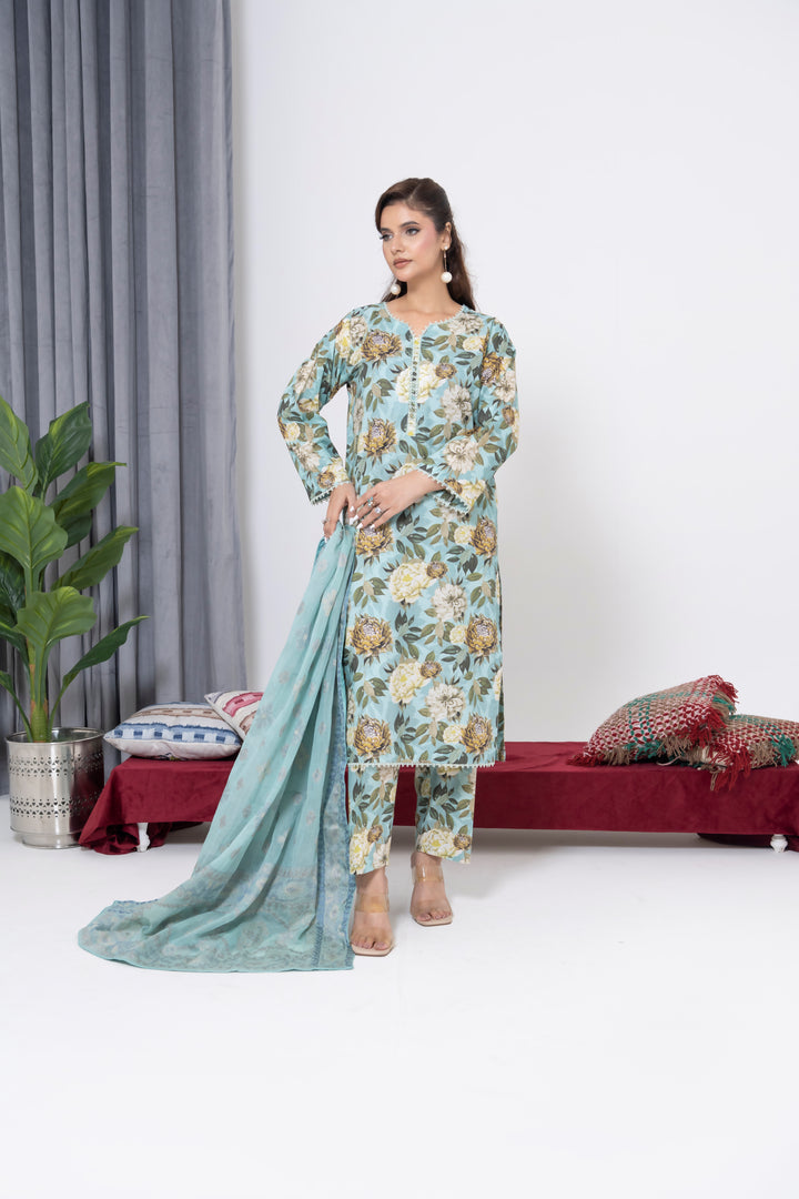 S-501 3PCS Lawn Printed Dress With Jacquard Dupatta