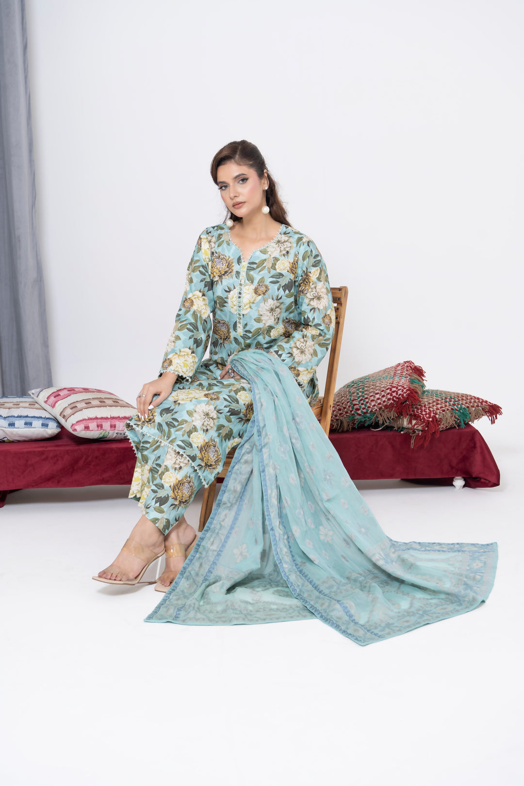 S-501 3PCS Lawn Printed Dress With Jacquard Dupatta
