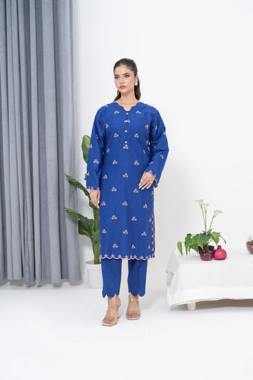 S-601 2PC Cotton Stitched Blue Embroidered Shirt + Culotte