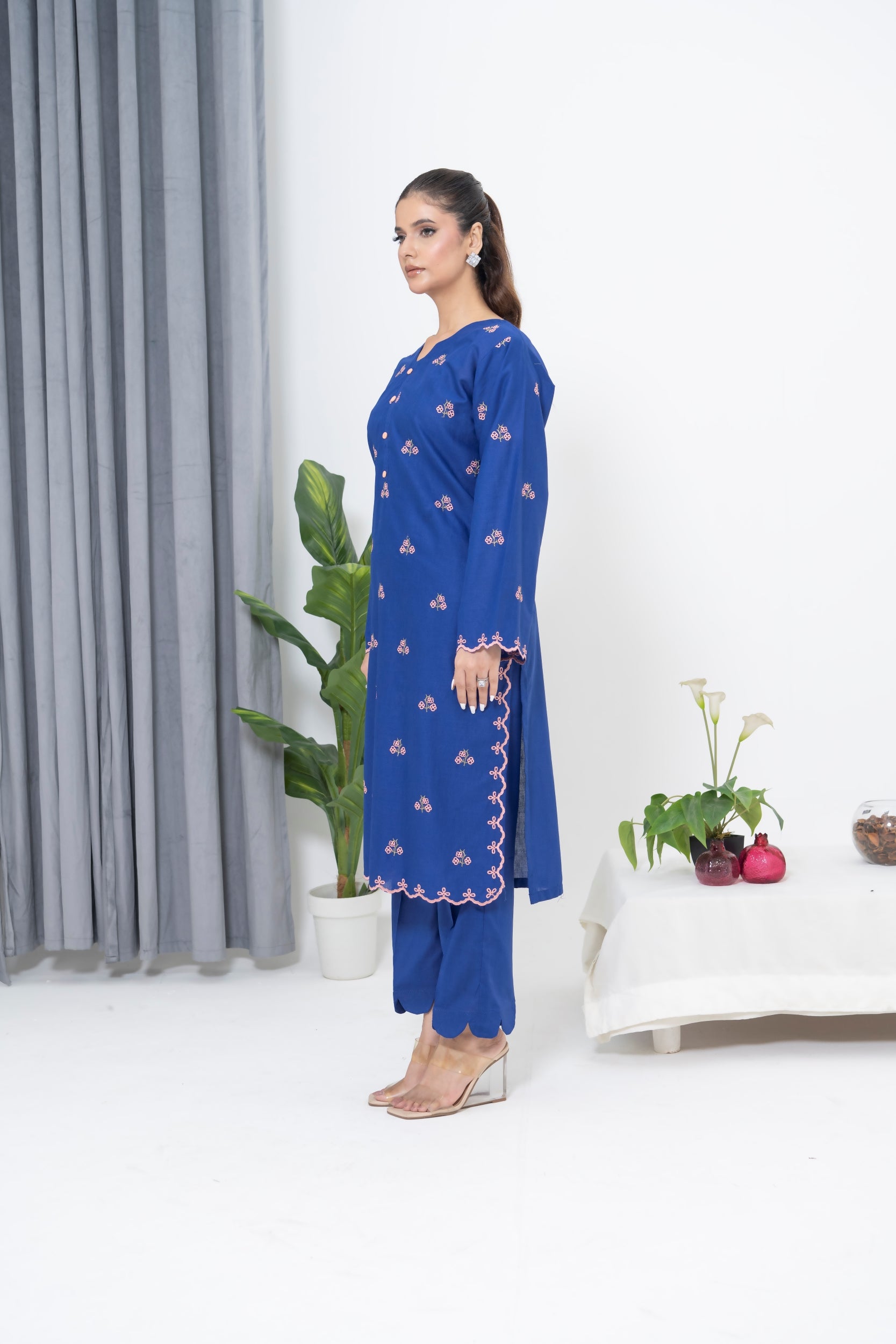 S-601 2PC Cotton Stitched Blue Embroidered Shirt + Culotte